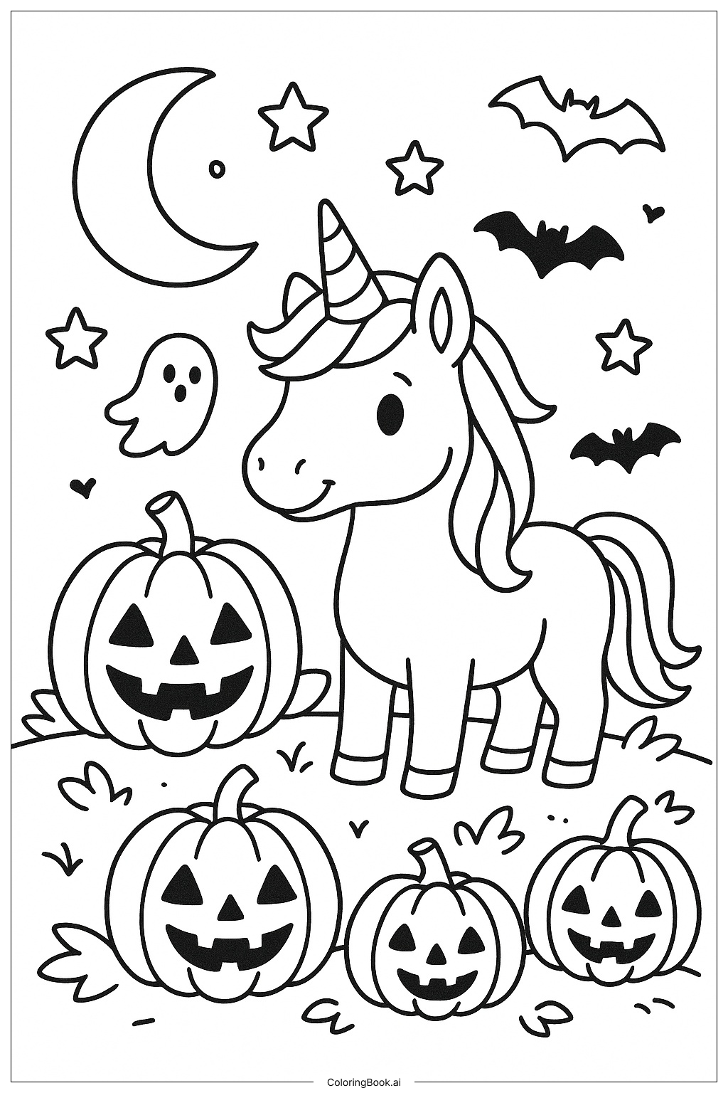 A Spooky Unicorn Halloween Scene Coloring Page Free PDF PNG Printable 