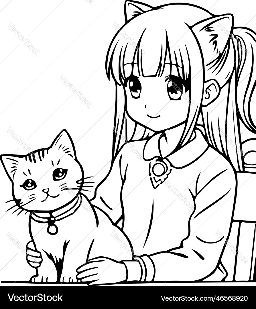 Anime Girl With Kitten Coloring Page Royalty Free Vector Anime Girl With Kitten Coloring Page Royalty Free Vector