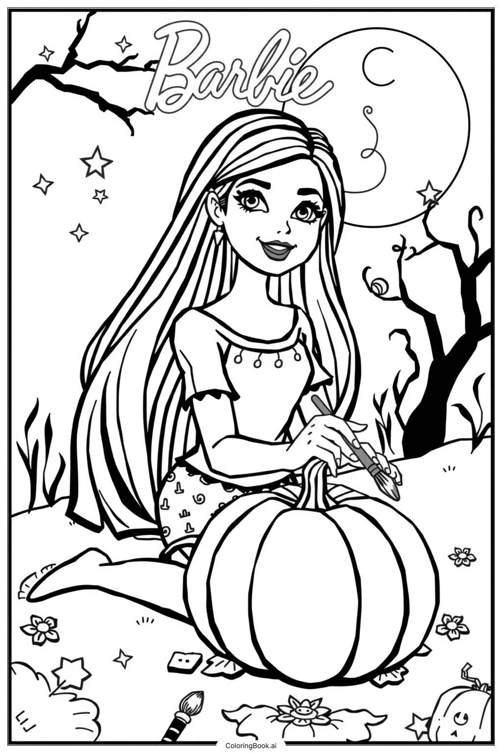 Barbie Halloween Pumpkin Decorating Coloring Page Free PDF PNG Printable  Barbie Halloween Pumpkin Decorating Coloring Page Free PDF PNG Printable