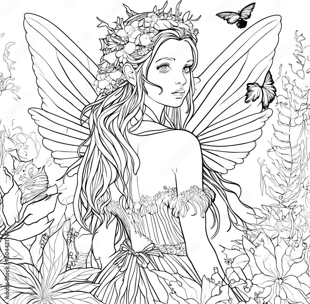 Beautiful Fairy For The Adults Stress Coloring Page Vector Illustration Stock Vector Adobe Stock