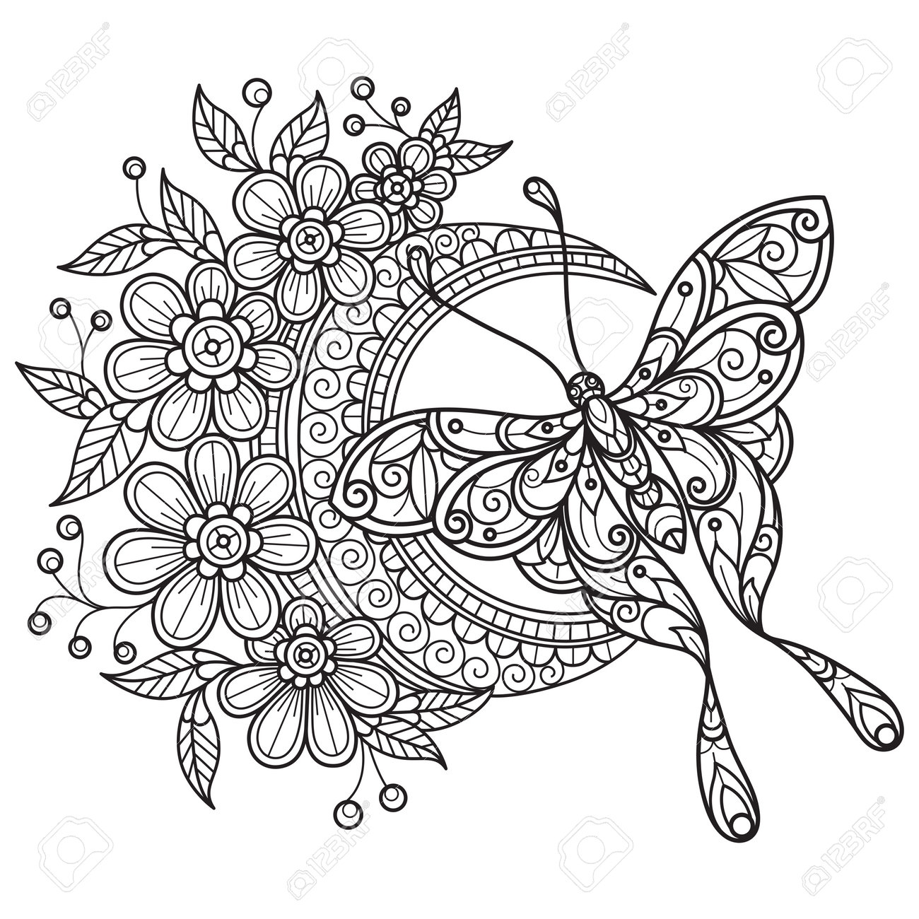 Butterfly And Flower Moon Hand Drawn For Adult Coloring Book Royalty Free SVG Cliparts Vectors And Stock Illustration Image 200202736