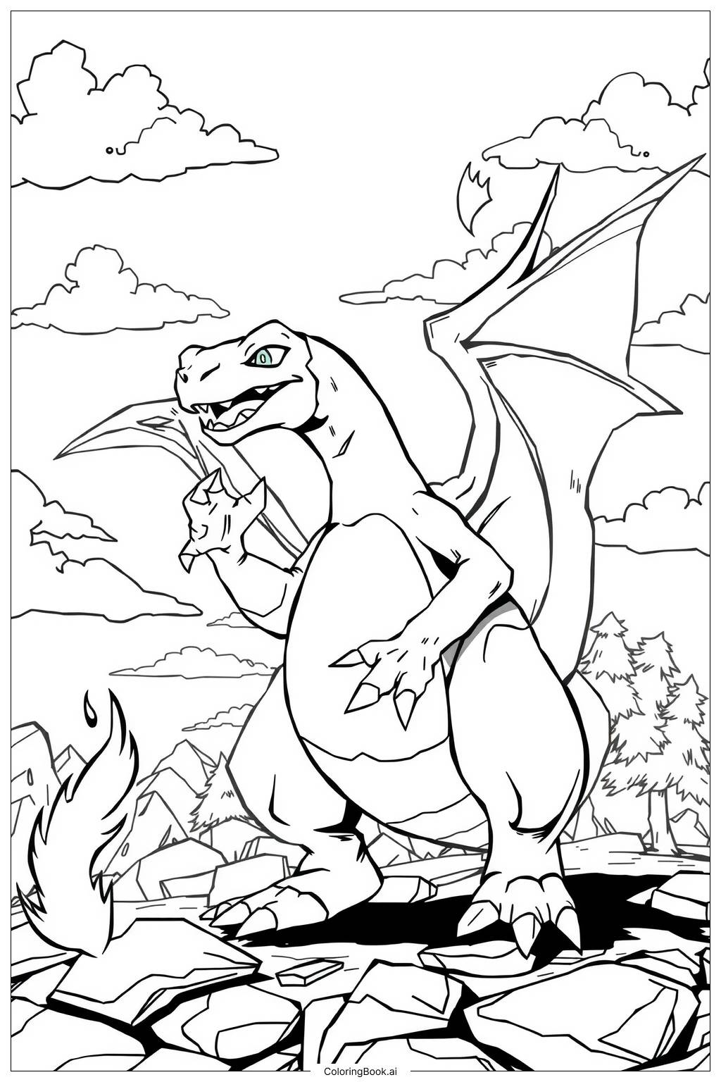Charizard Standing With Wings Open 2 Coloring Page Free PDF PNG Printable  Charizard Standing With Wings Open 2 Coloring Page Free PDF PNG Printable