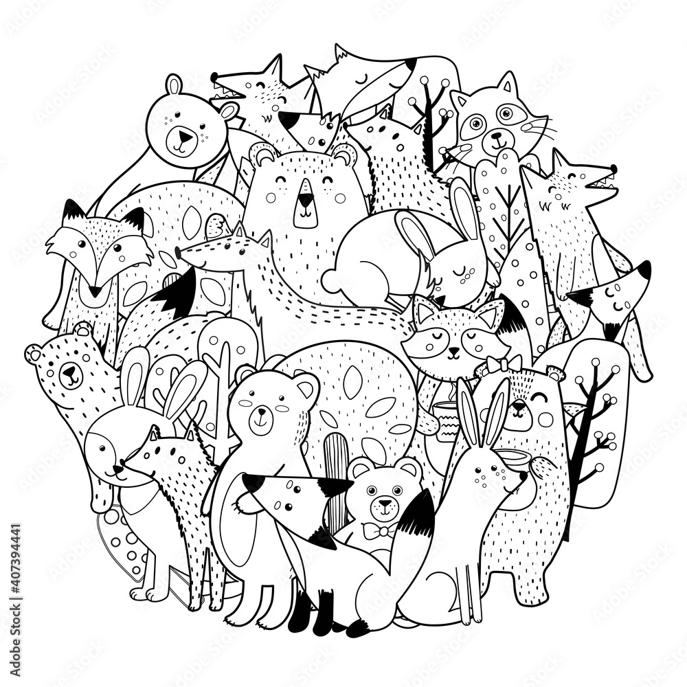 Circle Shape Coloring Page With Funny Forest Characters Cute Woodland Animals Black And White Print Template For Coloring Book Vector Illustration Stock Vector Adobe Stock Circle Shape Coloring Page With Funny Forest Characters Cute Woodland Animals Black And White Print Template For Coloring Book Vector Illustration Stock Vector Adobe Stock