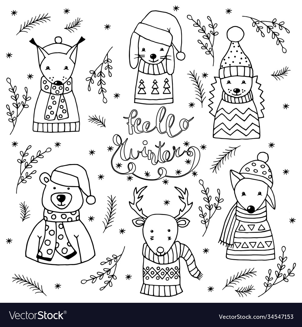 Coloring Page With Winter Set Cute Animals Vector Image Coloring Page With Winter Set Cute Animals Vector Image