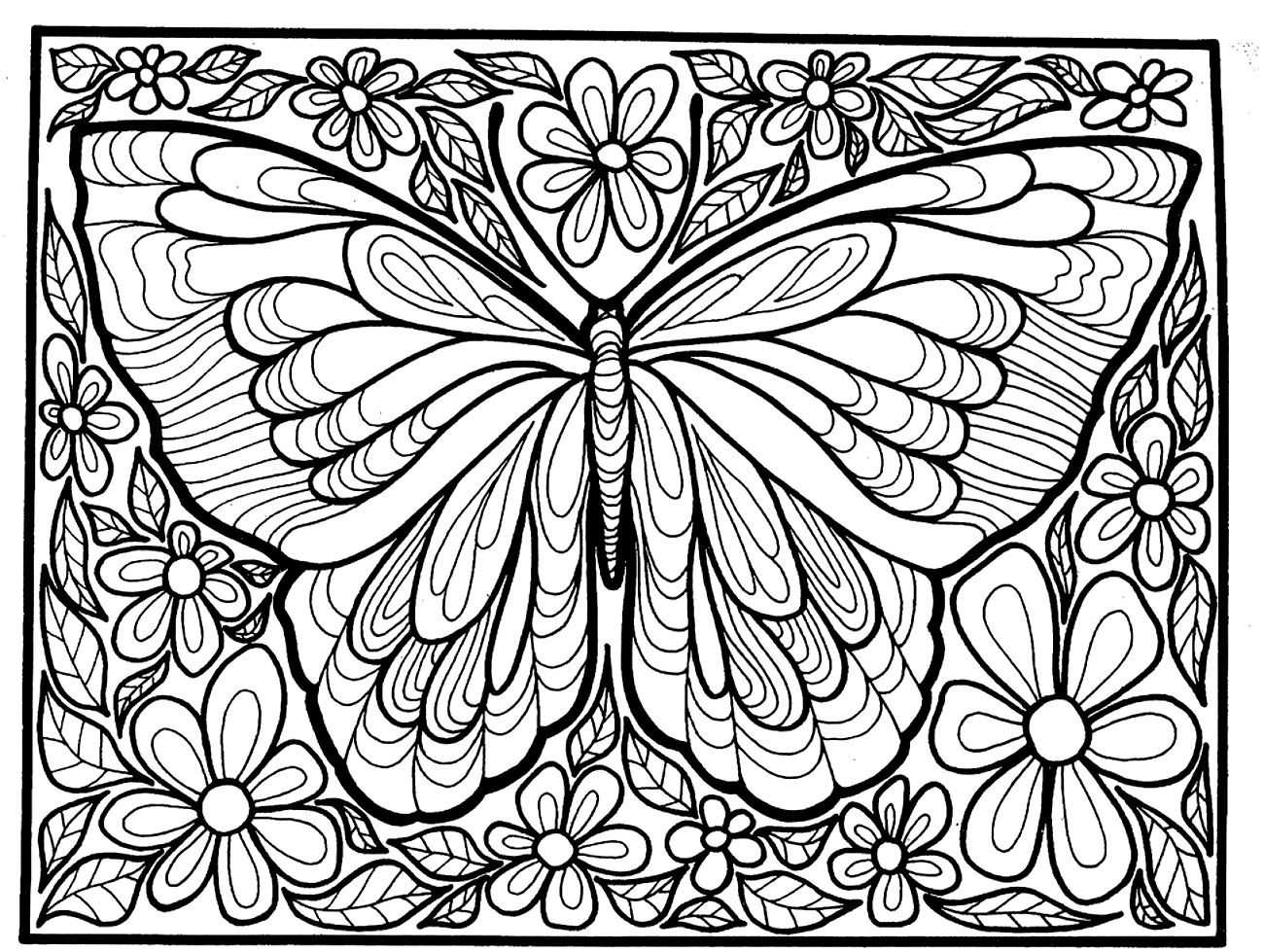 Complex Coloring Of A Large Butterfly Surrounded By Flowers Butterflies Insects Coloring Pages For Adults Complex Coloring Of A Large Butterfly Surrounded By Flowers Butterflies Insects Coloring Pages For Adults