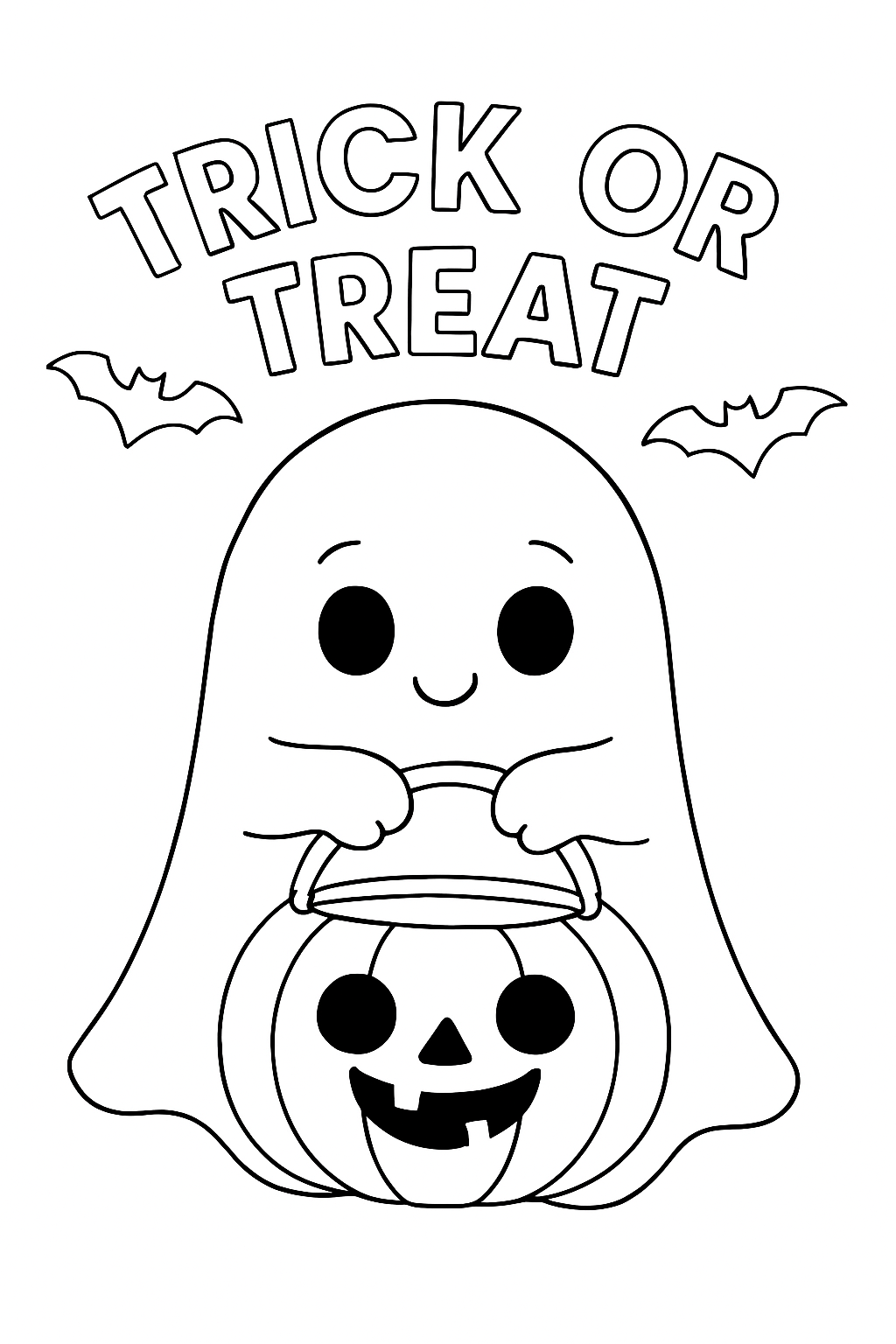 Cute Cartoon Ghost With Pumpkin Bucket For Halloween Coloring Page Playground