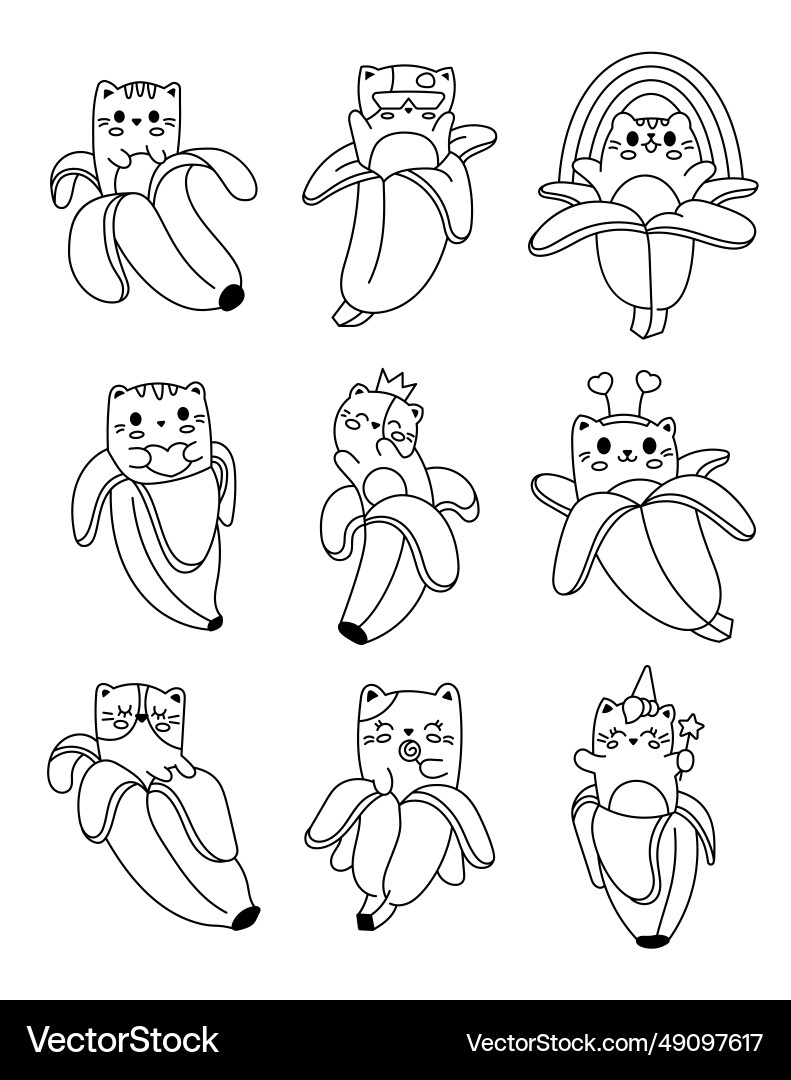 Cute Kawaii Cat In Banana Coloring Page Funny Vector Image Cute Kawaii Cat In Banana Coloring Page Funny Vector Image