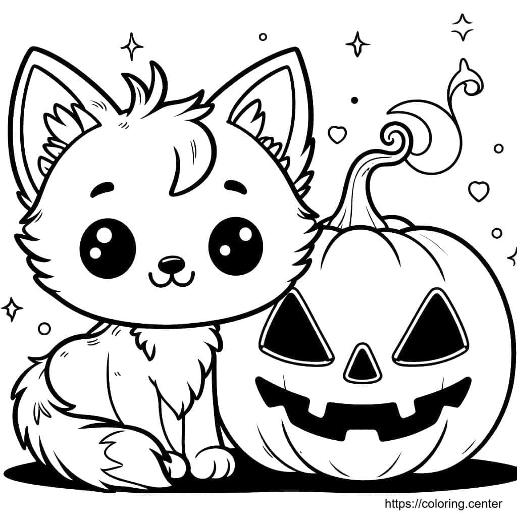 Cute Kitten Sitting Beside Spooky Pumpkin Halloween Themed Coloring Sheet