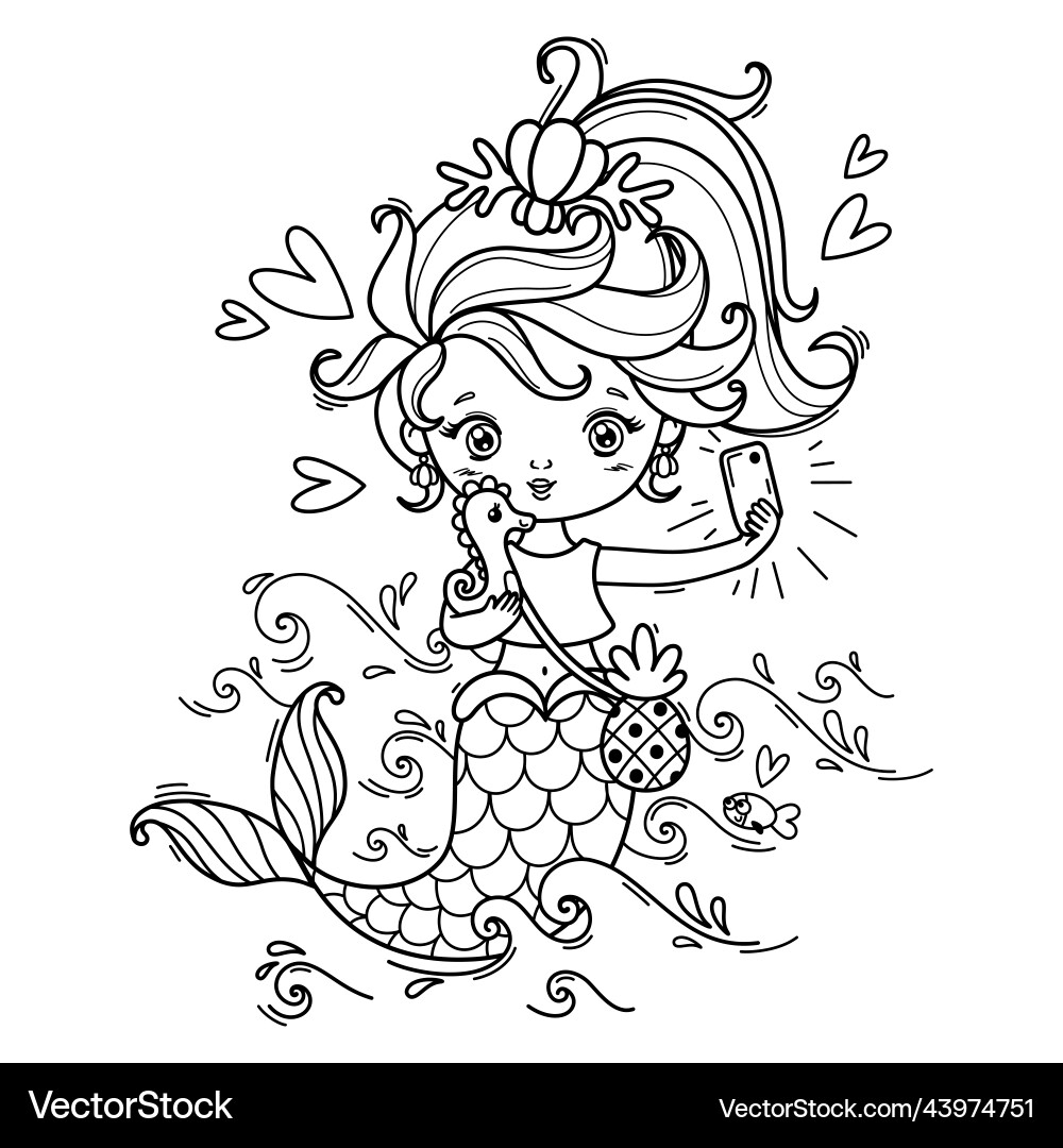 Cute Mermaid Coloring Page Seafolk Royalty Free Vector