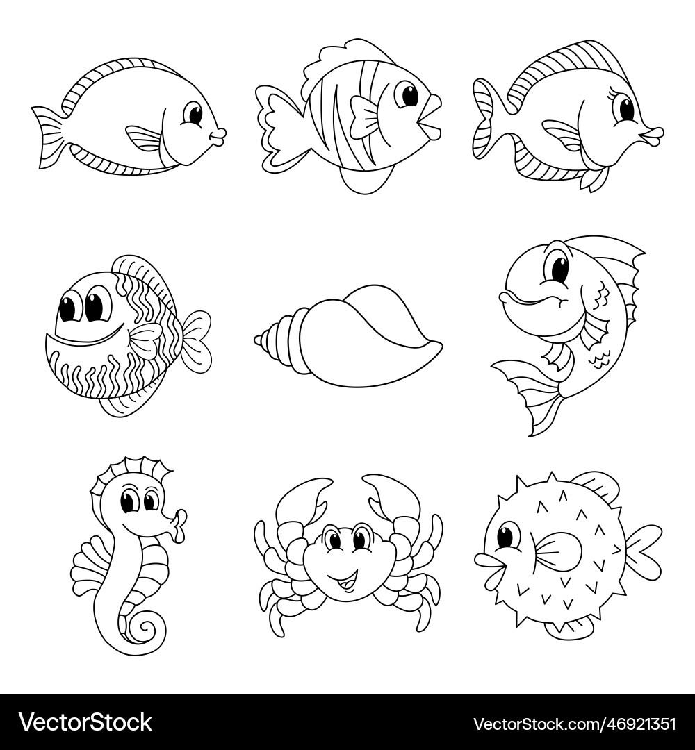 Cute Sea Fish Set Cartoon Coloring Page Royalty Free Vector Cute Sea Fish Set Cartoon Coloring Page Royalty Free Vector