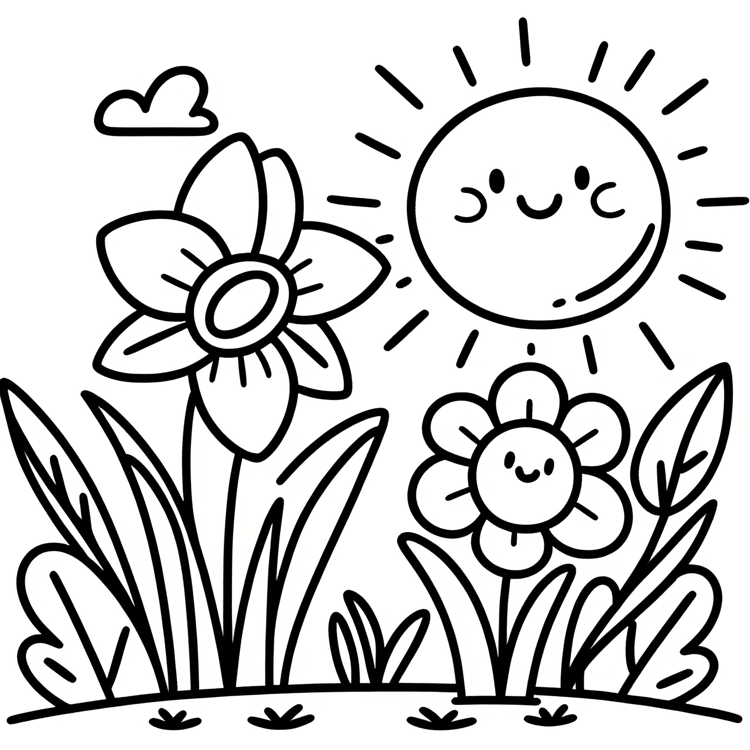 Daffodils On A Flower Meadow With Sunbeams Simple Coloring Page Free  Daffodils On A Flower Meadow With Sunbeams Simple Coloring Page Free
