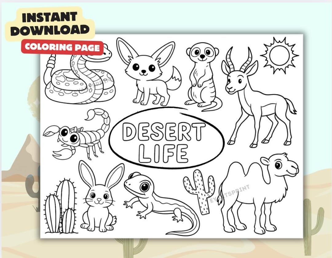 Desert Life Coloring Page Cute Desert Animals Printable For Kids PDF JPG Instant Download Etsy