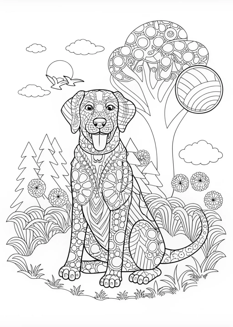 Dog In Floral Garden Coloring Page Free Printable