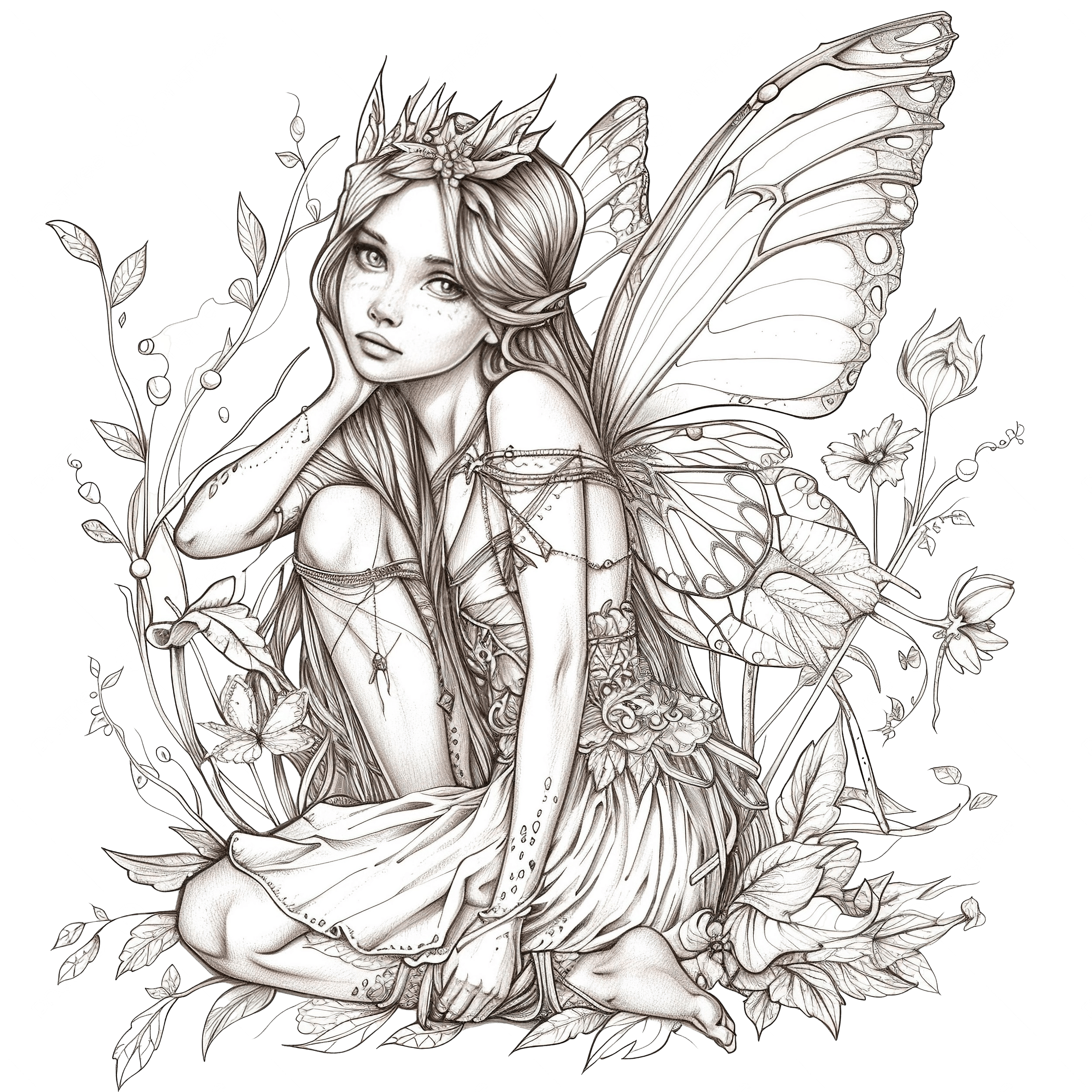 Fairy Adults Coloring Page Line Art Fantasy Angel Fairytale PNG Transparent Image And Clipart For Free Download