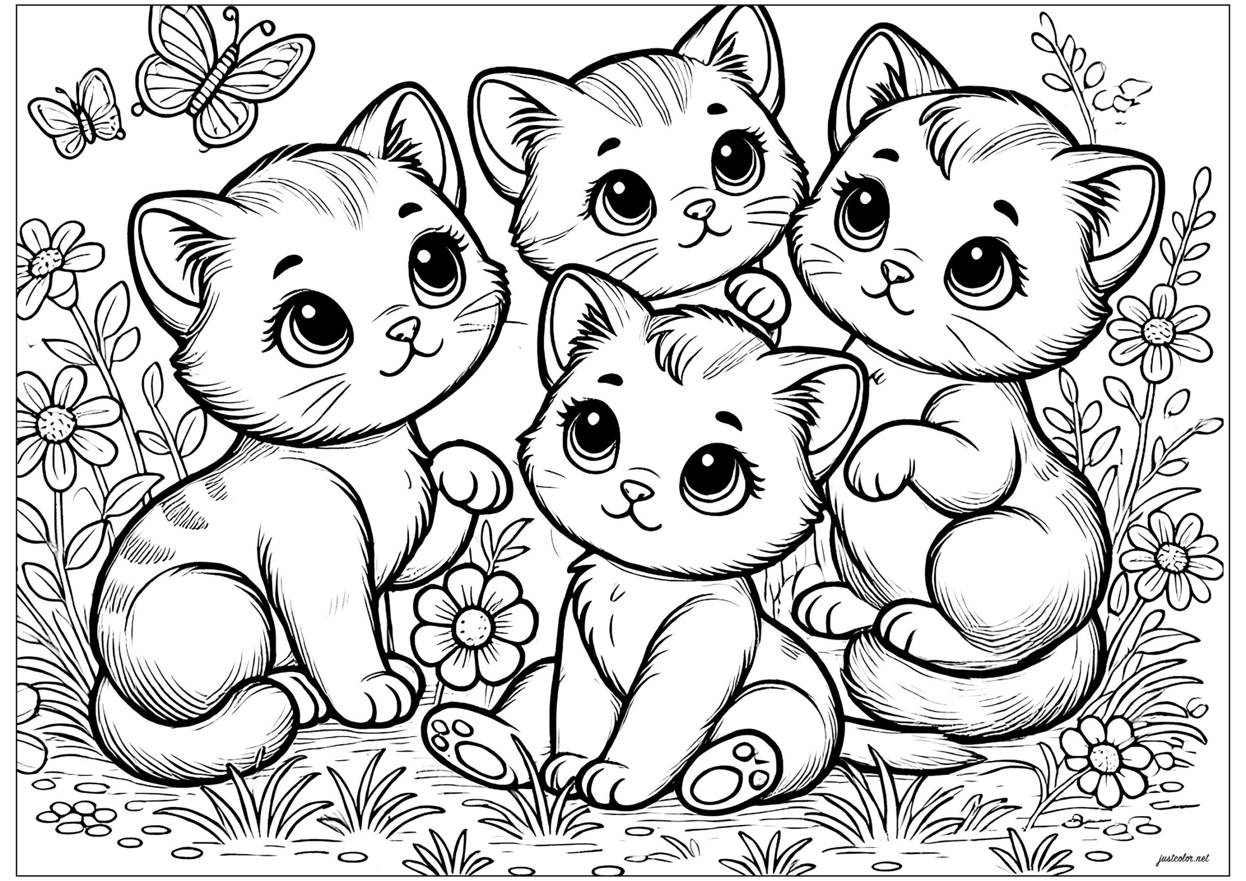 Four Pretty Cats With Butterflies Cat Coloring Pages Four Pretty Cats With Butterflies Cat Coloring Pages