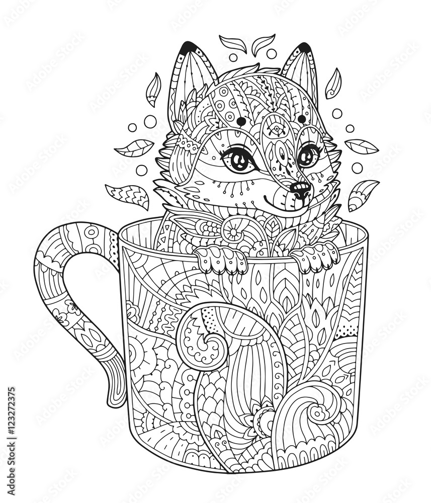 Fox In Cup Adult Antistress Coloring Page With Animal In Zentangle Style Vector Illustration For T shirt Print Tattoo Logo Floral Design Elements Line Art Zendoodle Stock Vector Adobe Stock