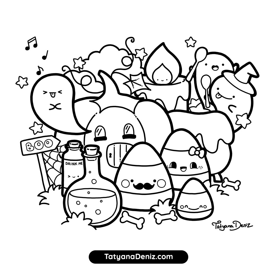 Halloween Coloring Page Kawaii Doodle Style FREE Printable PDF