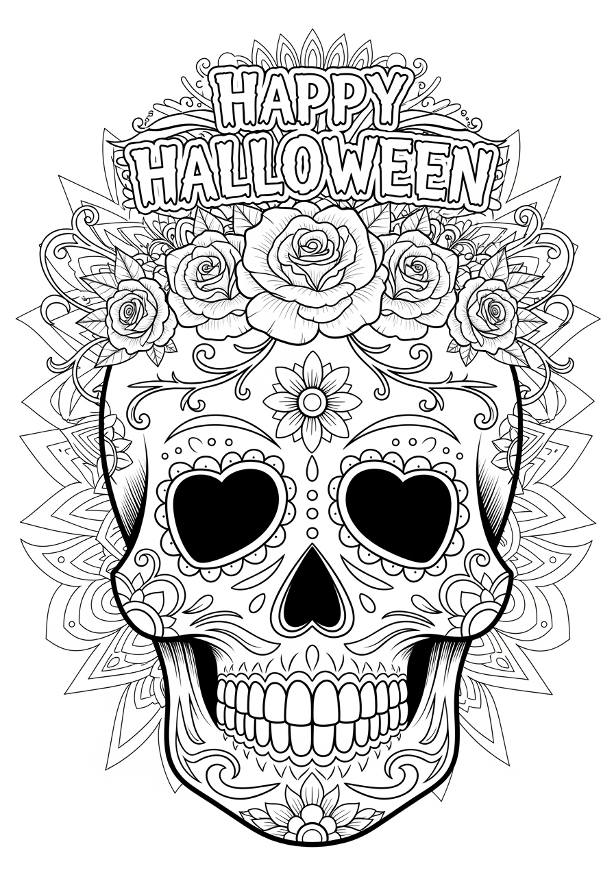 Halloween Sugar Skull Coloring Page For Kids Adults Halloween Sugar Skull Coloring Page For Kids Adults