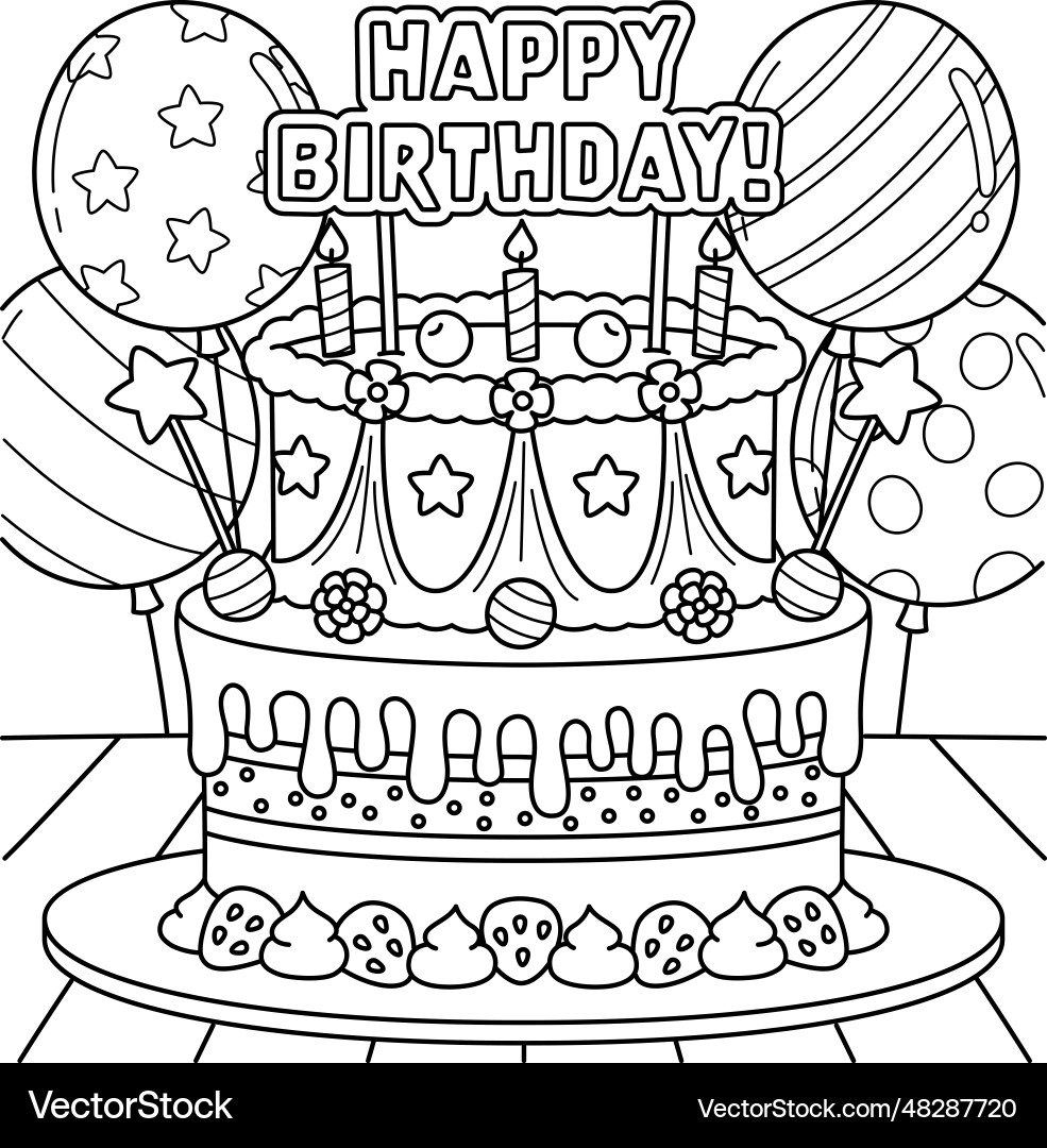 Happy Birthday Cake Coloring Page For Kids Vector Image Happy Birthday Cake Coloring Page For Kids Vector Image