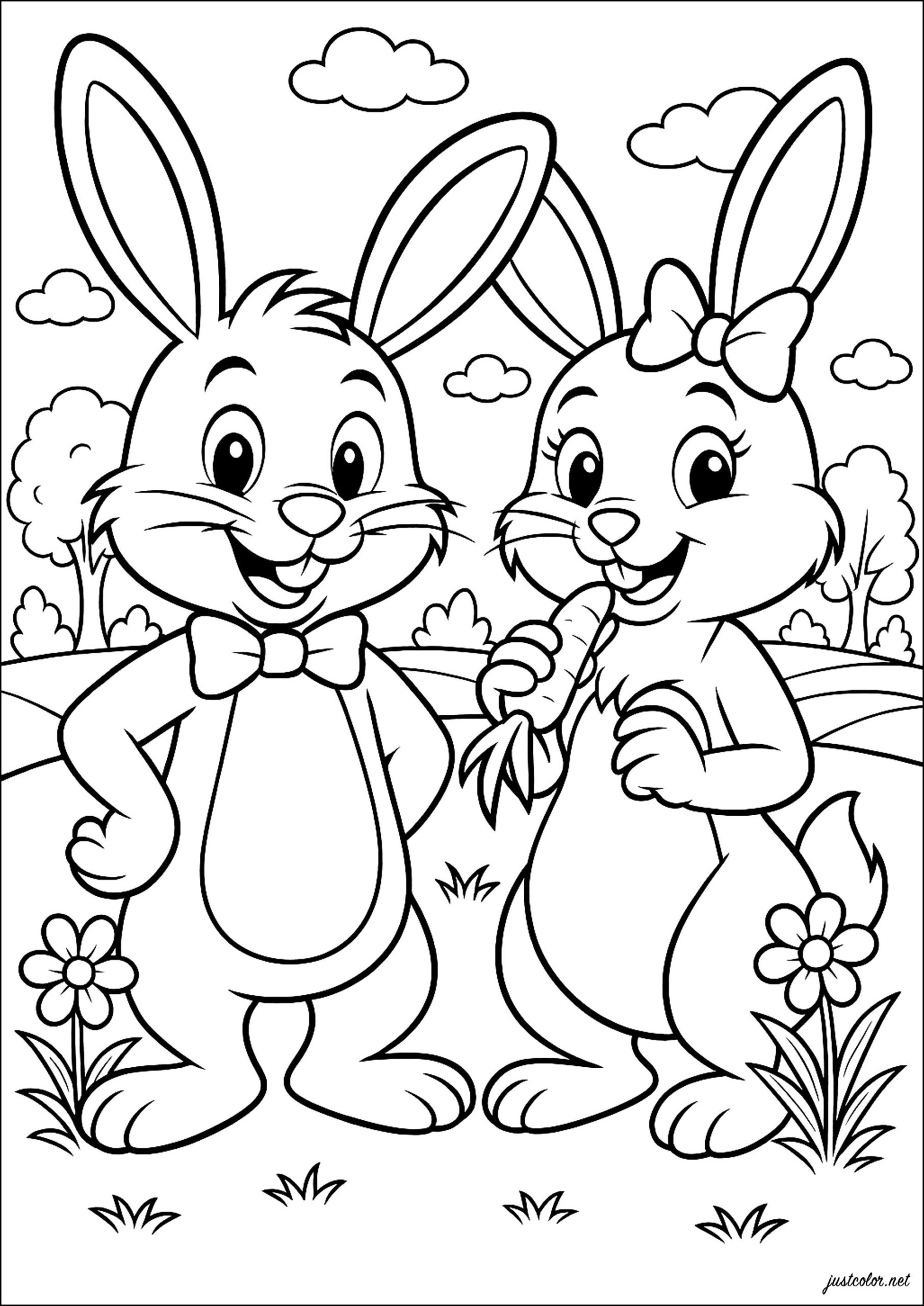 Happy Bunnies In The Garden Rabbit Bunny Coloring Pages