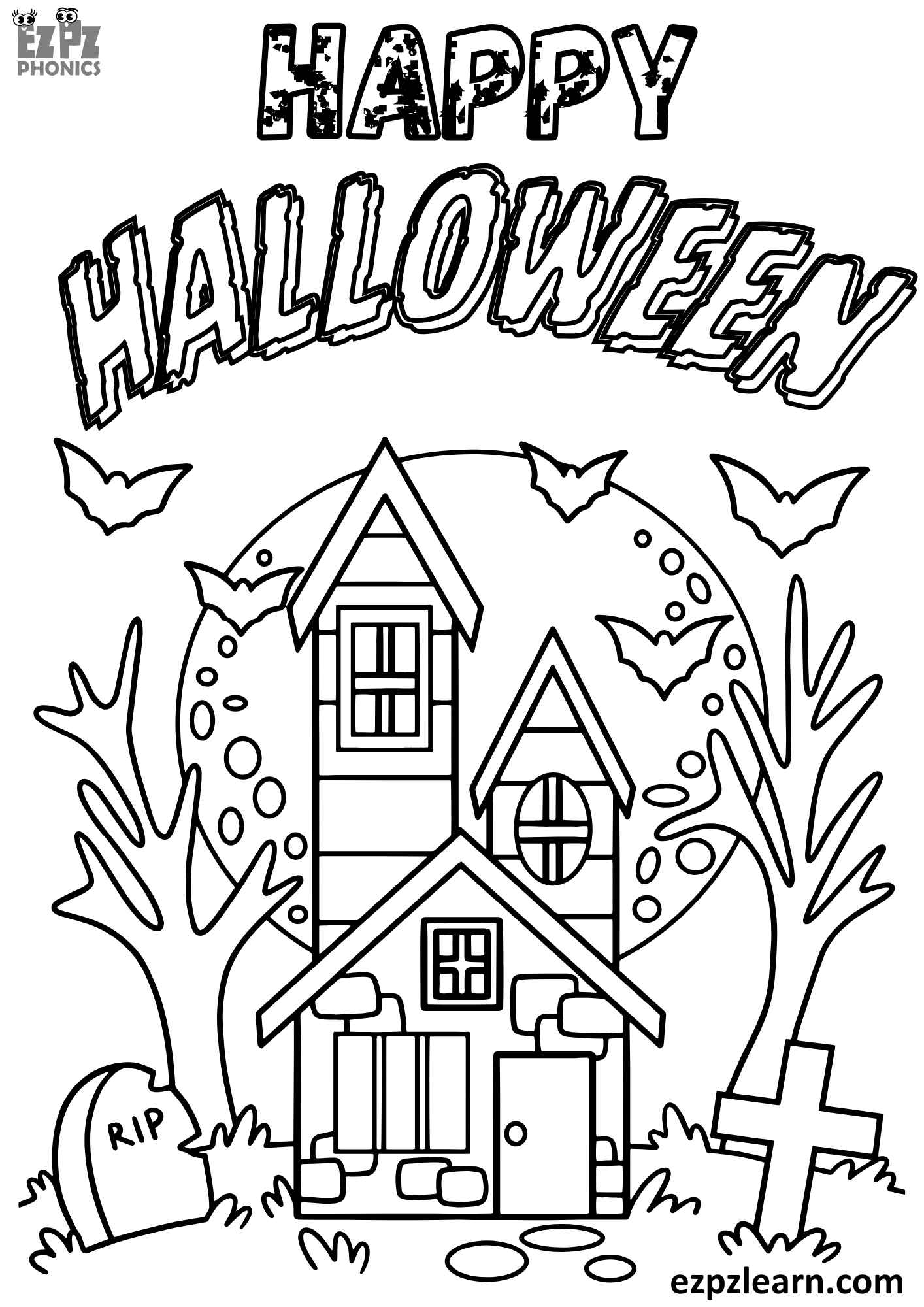 Happy Halloween Coloring Page Haunted House Free Printable PDF Download Ezpzlearn