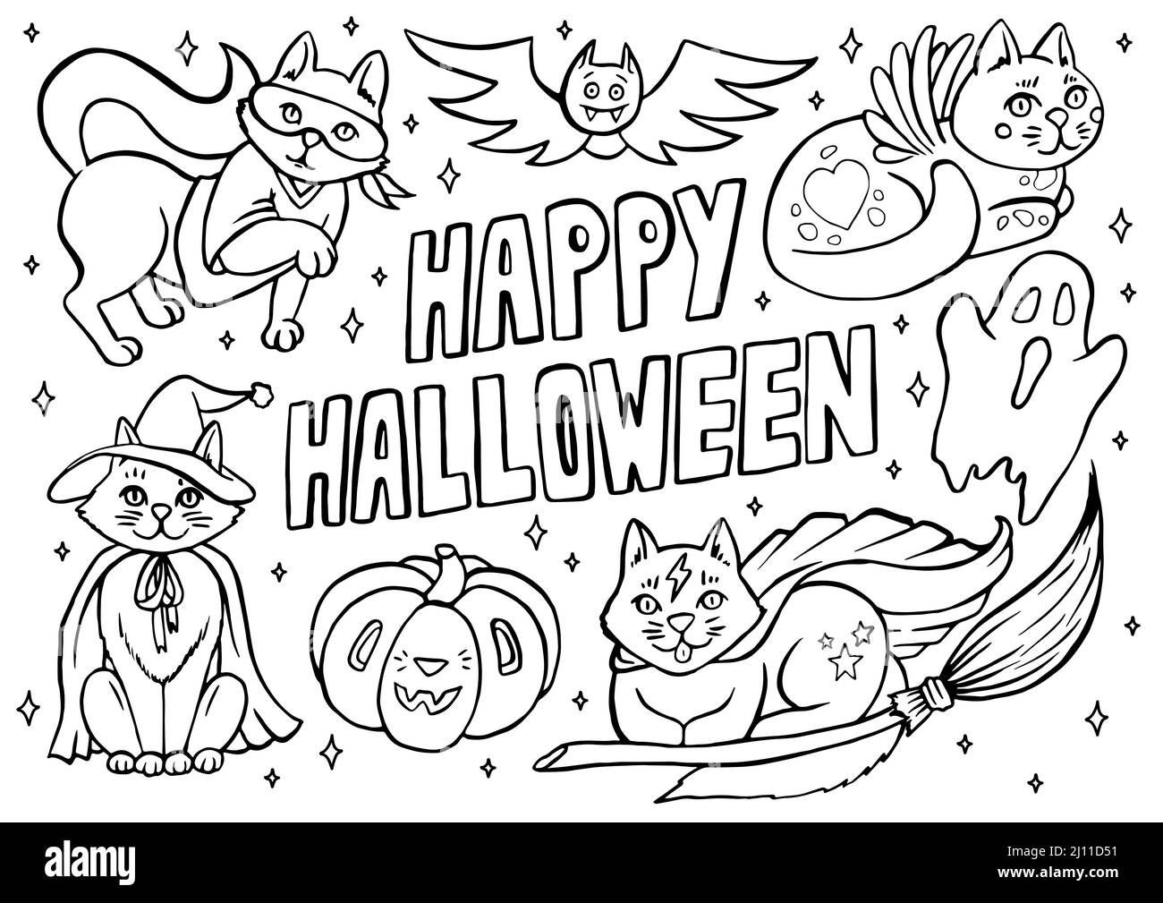Happy Halloween Coloring Page With Cats In Costumes And Spooky Objects Hand Drawn Cute Halloween Coloring Sheet Stock Vector Image Art Alamy