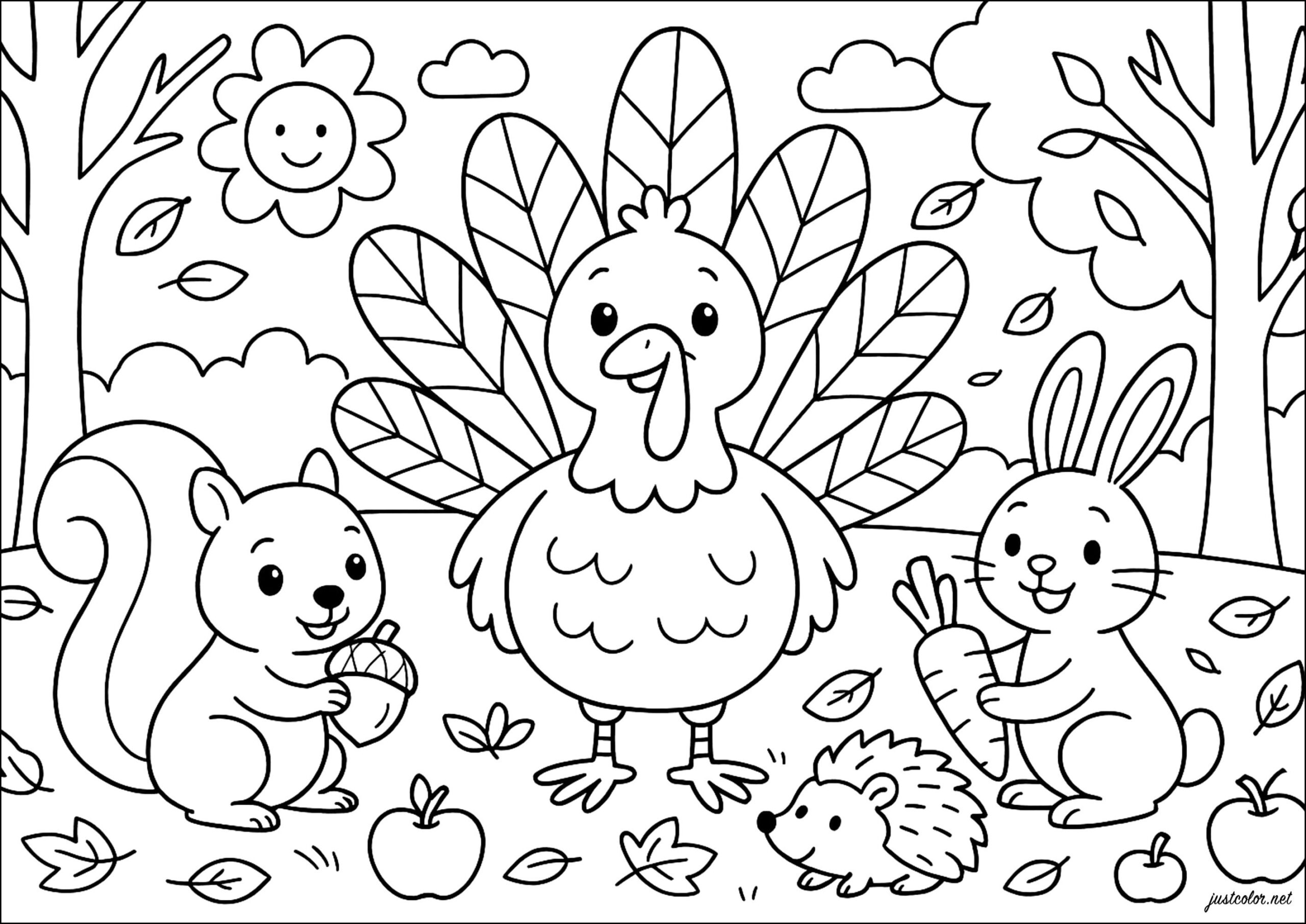 Happy Turkey And His Autumn Friends Thanksgiving Coloring Pages For Kids Happy Turkey And His Autumn Friends Thanksgiving Coloring Pages For Kids