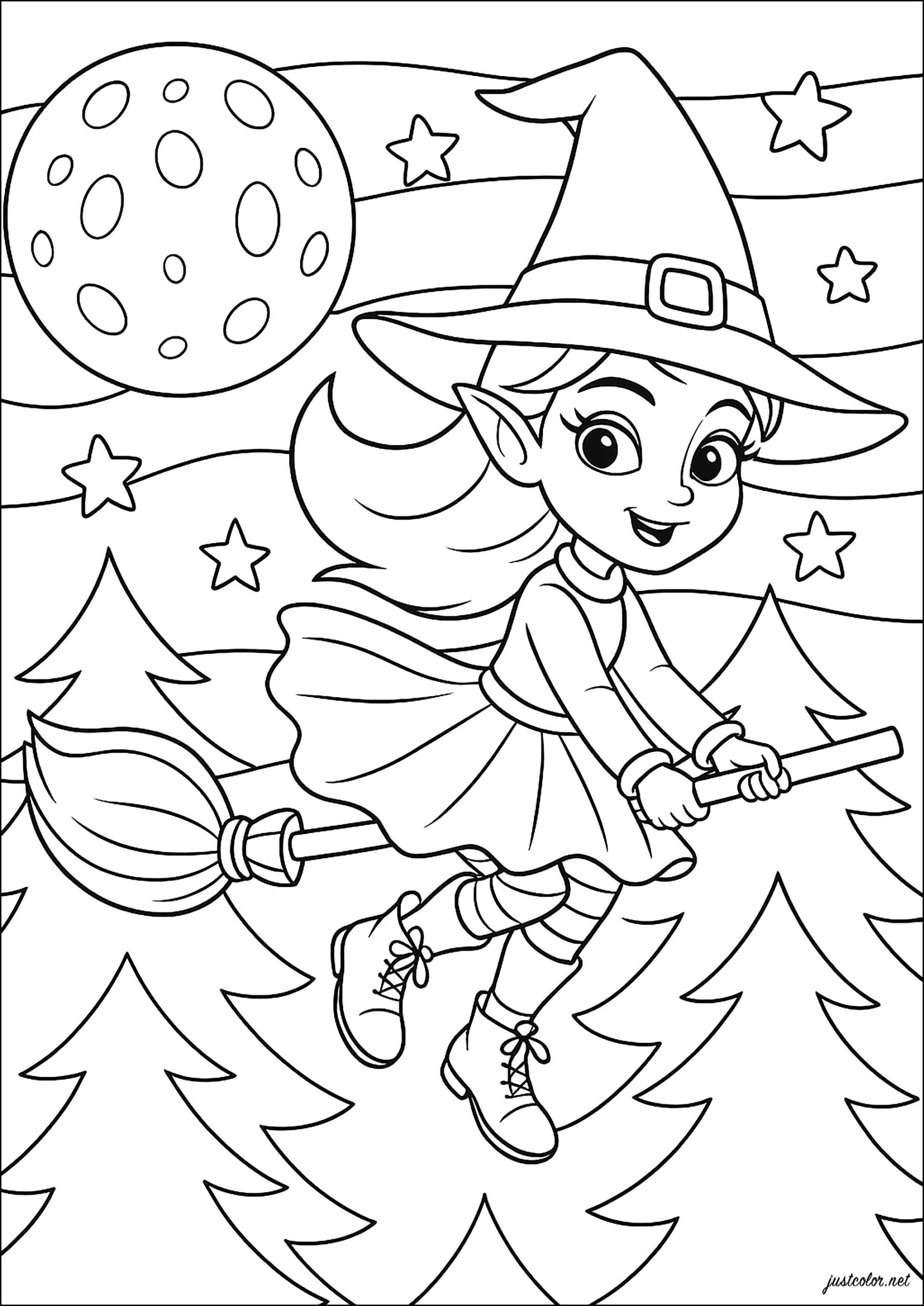 Happy Witch On Her Broom Halloween Coloring Pages For Kids Happy Witch On Her Broom Halloween Coloring Pages For Kids