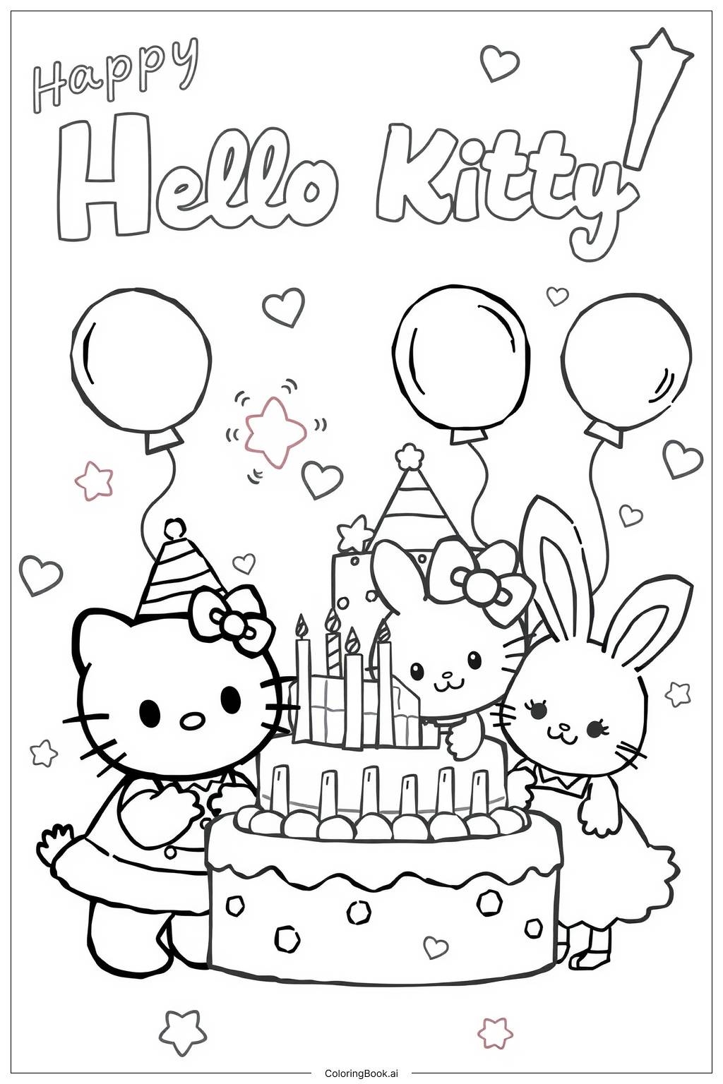 Hello Kitty And Friends At A Birthday Party Coloring Page Free PDF PNG Printable  Hello Kitty And Friends At A Birthday Party Coloring Page Free PDF PNG Printable