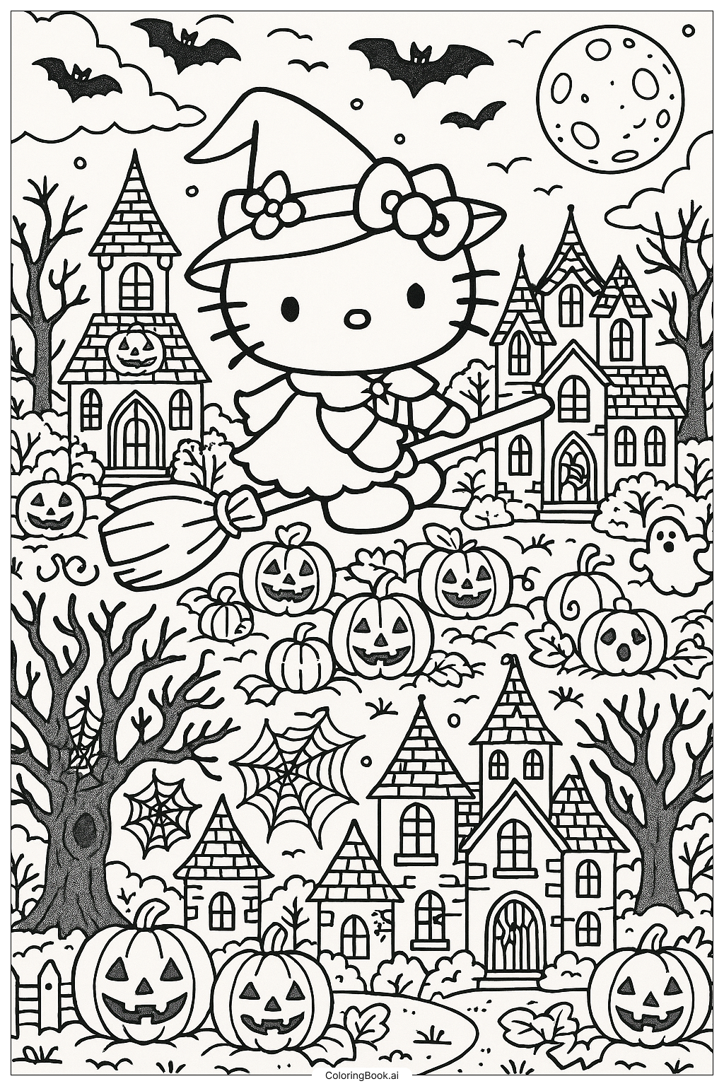Hello Kitty Flying Over A Halloween Town Coloring Page Free PDF PNG Printable  Hello Kitty Flying Over A Halloween Town Coloring Page Free PDF PNG Printable