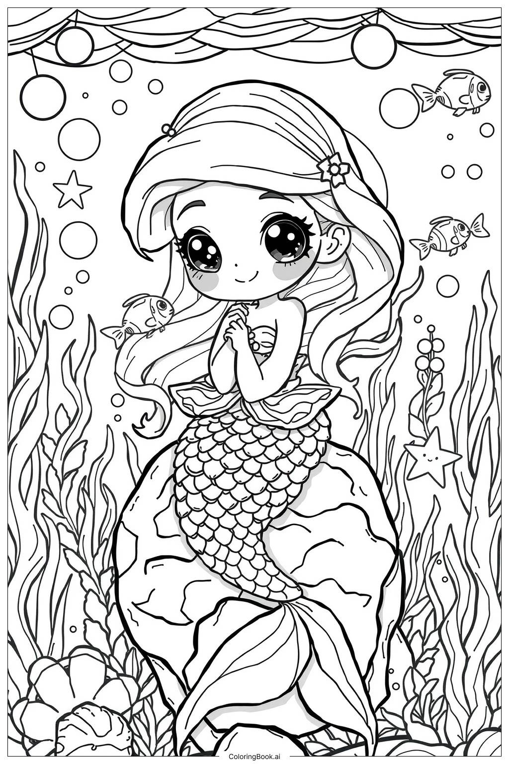 Kawaii Cute Mermaid Coloring Page Free PDF PNG Printable 