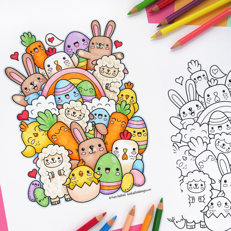 Kawaii Easter Colouring Page Kate Hadfield Designs