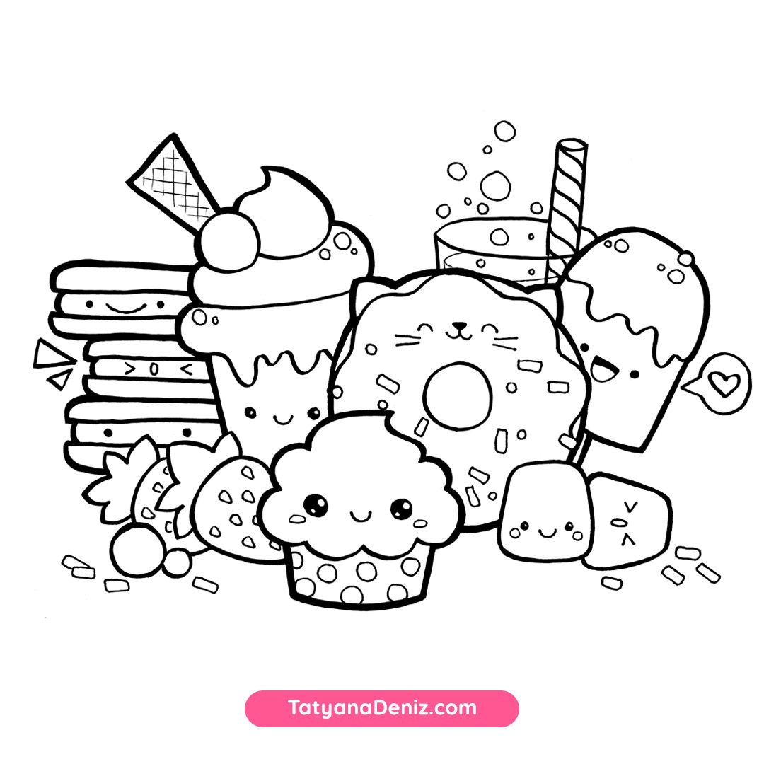 Kawaii Sweets Doodle FREE Coloring Page Printalbe PDF  Kawaii Sweets Doodle FREE Coloring Page Printalbe PDF