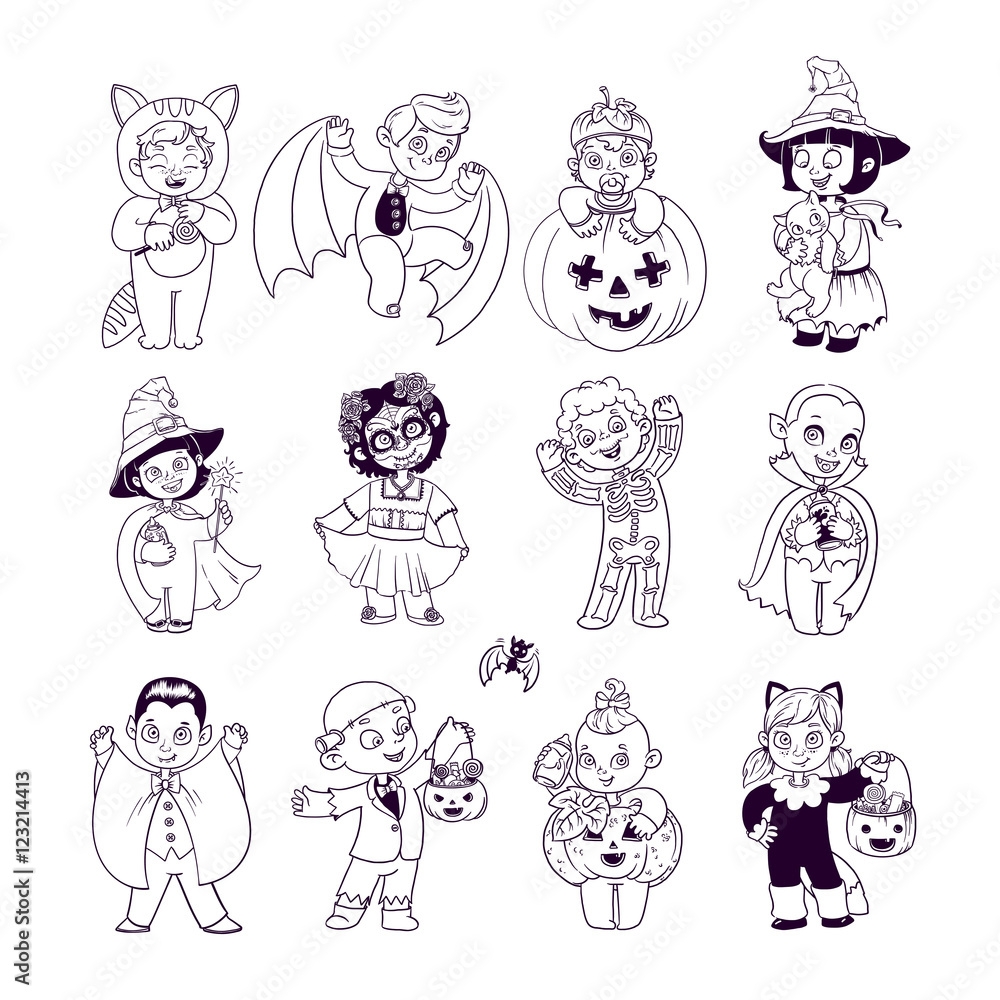 Kids In Halloween Costumes Halloween Coloring Book Illustration For Children Vector Cartoon Characters Isolated On White Background Stock Vector Adobe Stock