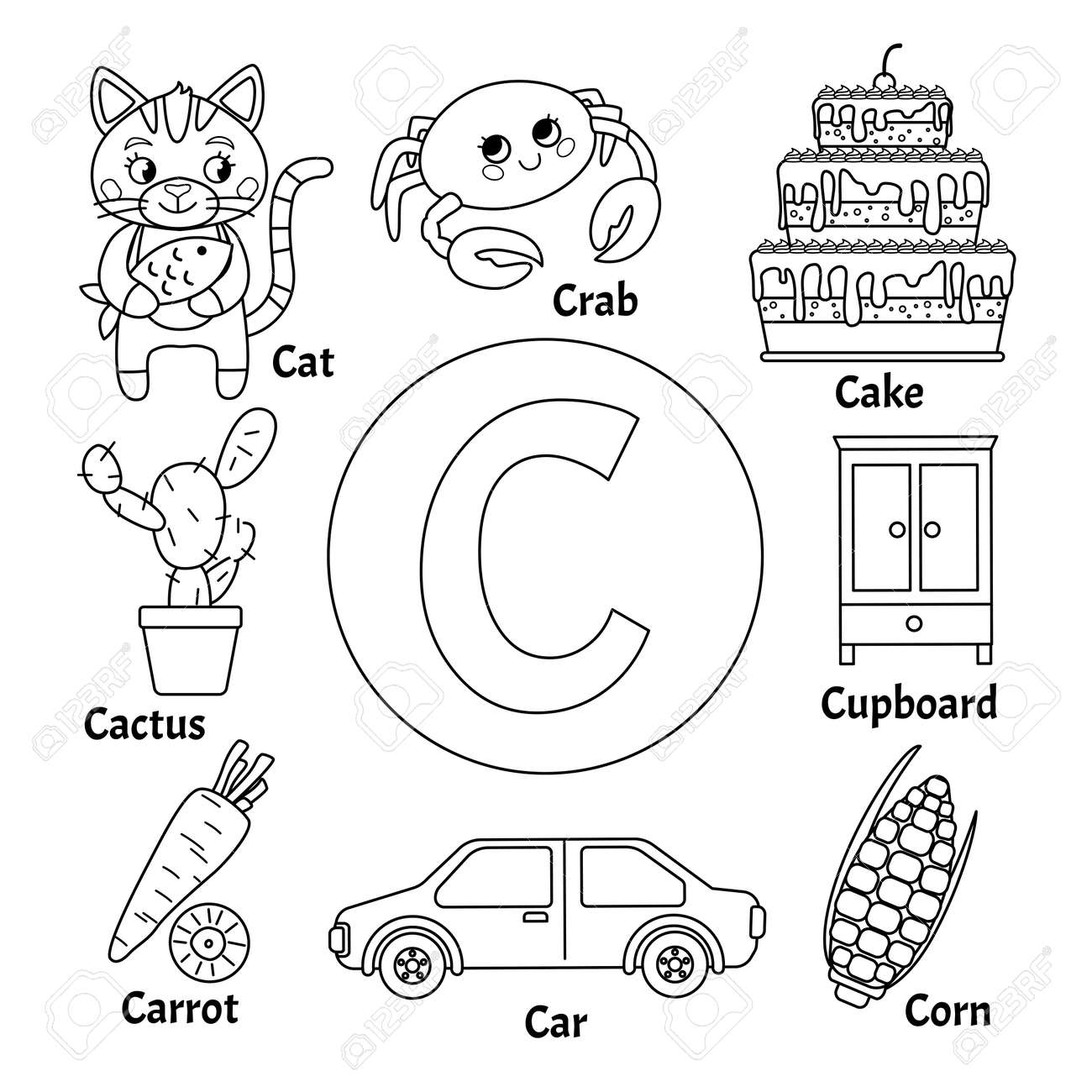 Learning Card Alphabet Letter C Set Of Cute Cartoon Illustrations Coloring Page Royalty Free SVG Cliparts Vectors And Stock Illustration Image 126973643  Learning Card Alphabet Letter C Set Of Cute Cartoon Illustrations Coloring Page Royalty Free SVG Cliparts Vectors And Stock Illustration Image 126973643