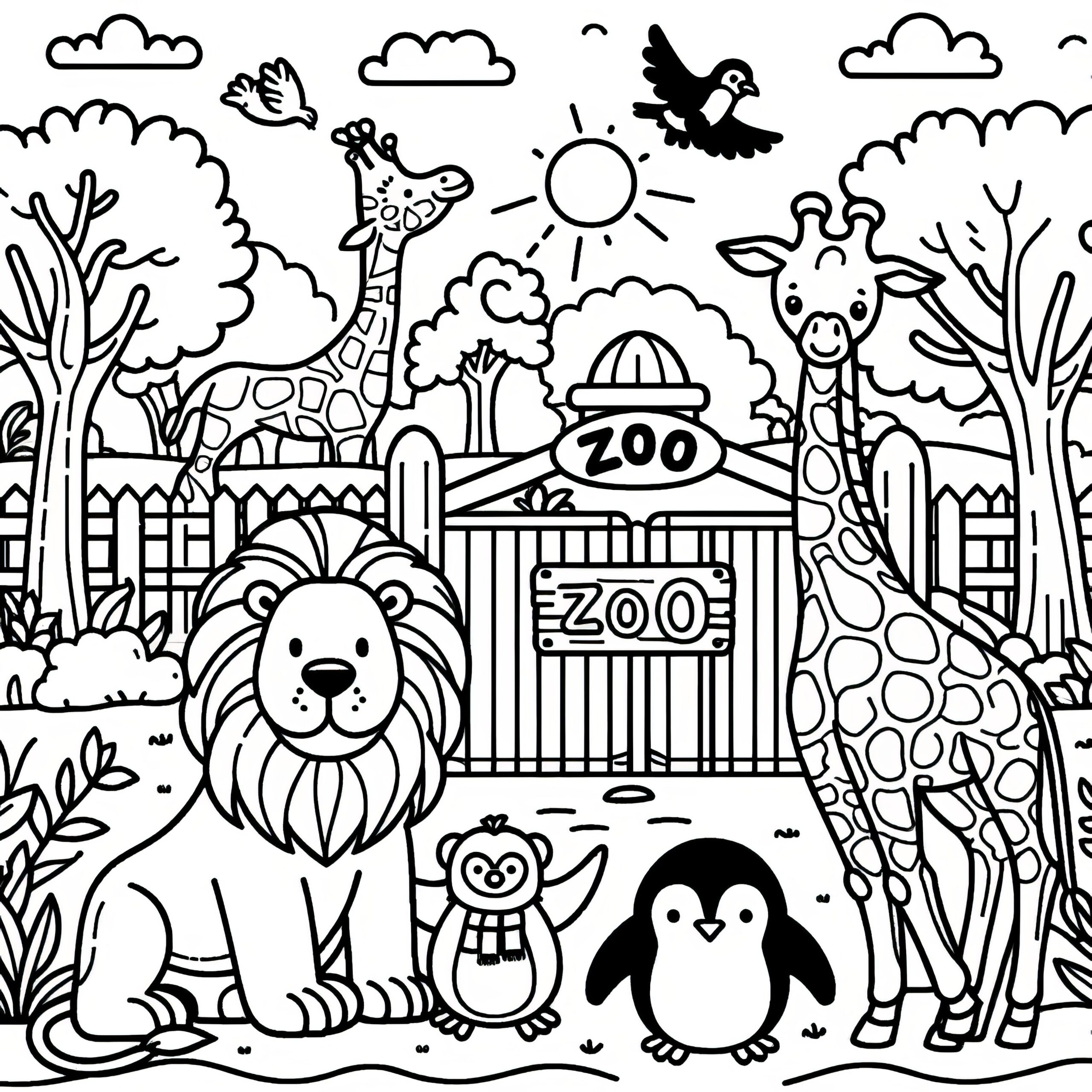 Lion Giraffes And Penguin At The Zoo Cute Coloring Picture For Download Free  Lion Giraffes And Penguin At The Zoo Cute Coloring Picture For Download Free