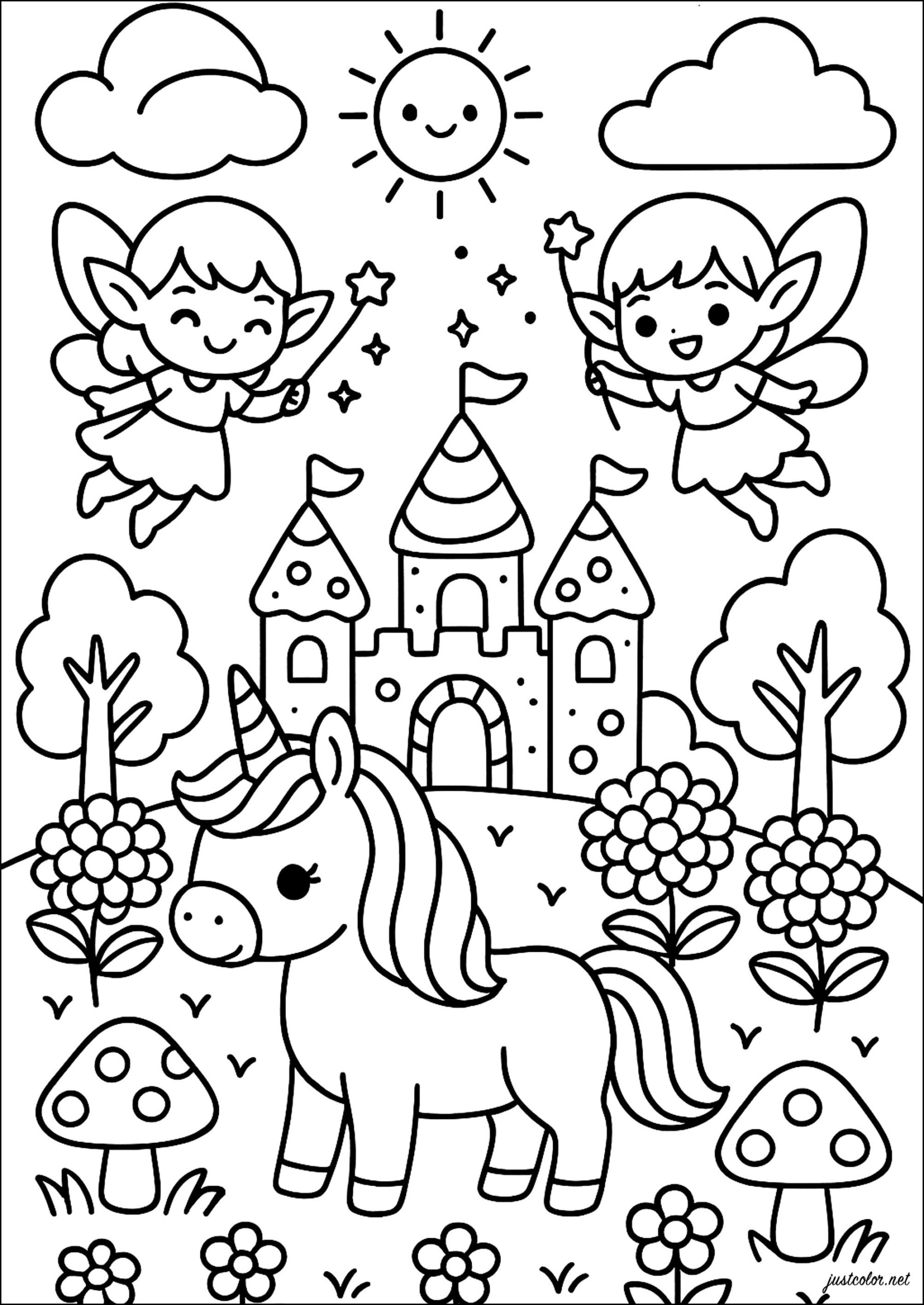 Little Fairies Flying Over A Castle And A Unicorn Unicorn Coloring Pages