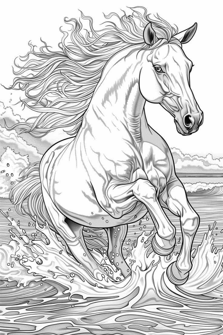 Majestic White Horse Galloping Through Water Coloring Page