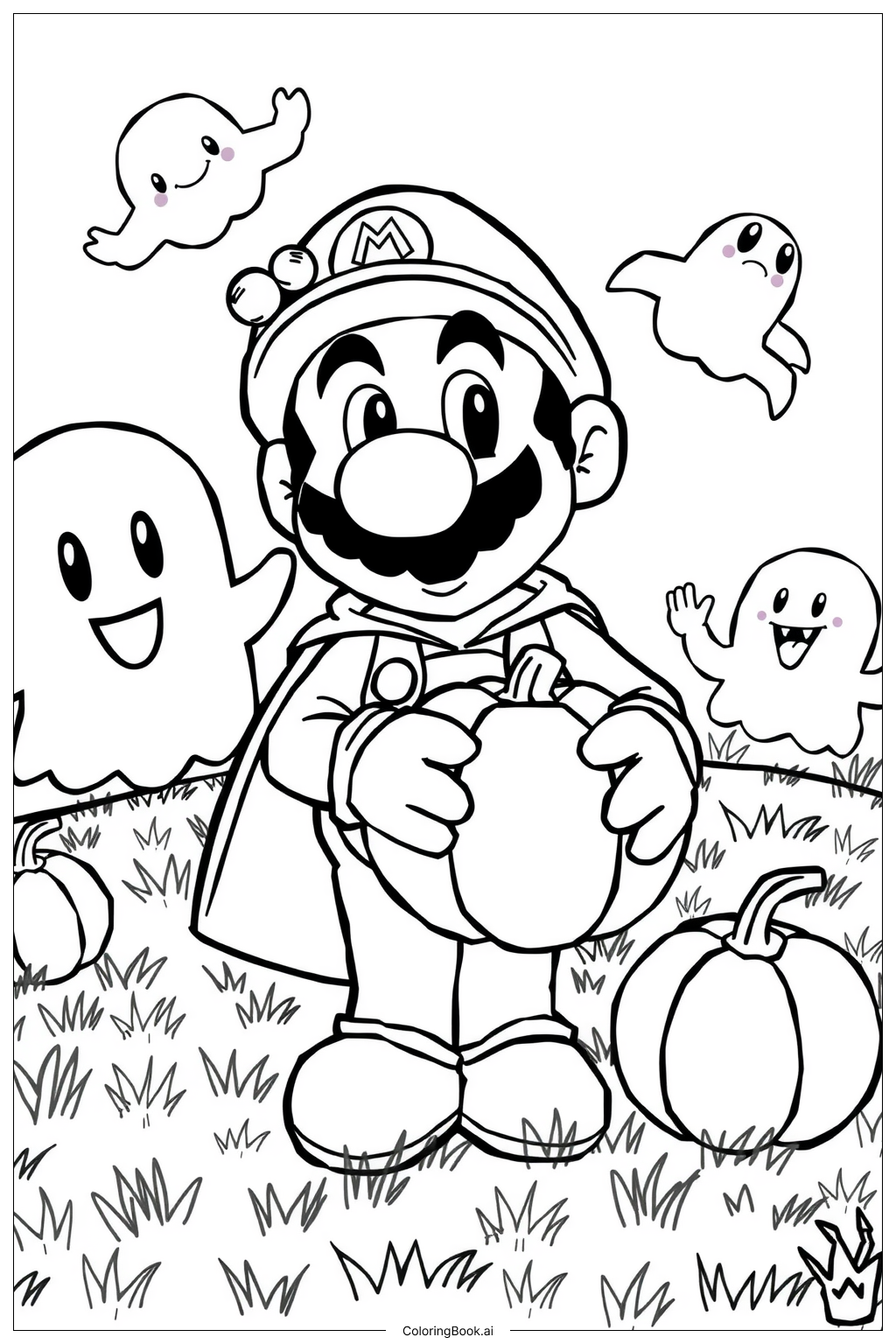 Mario In A Halloween Scene With Ghosts And Pumpkins Coloring Page Free PDF PNG Printable