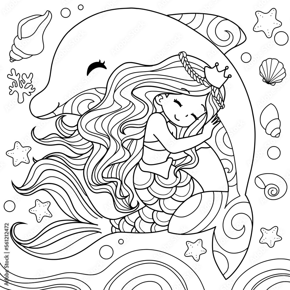 Mermaid And Dolphin Cartoon Coloring Book Page black And White Out Line Stock Vector Adobe Stock Mermaid And Dolphin Cartoon Coloring Book Page black And White Out Line Stock Vector Adobe Stock