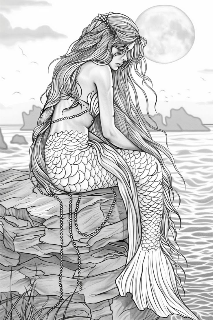 Mermaid On A Stone With Ocean Background Free Coloring Page Mermaid On A Stone With Ocean Background Free Coloring Page