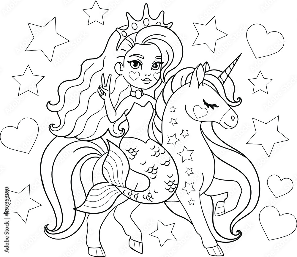 Mermaid Riding Cute Unicorn Vector Outline For Coloring Page Stock Vector Adobe Stock Mermaid Riding Cute Unicorn Vector Outline For Coloring Page Stock Vector Adobe Stock
