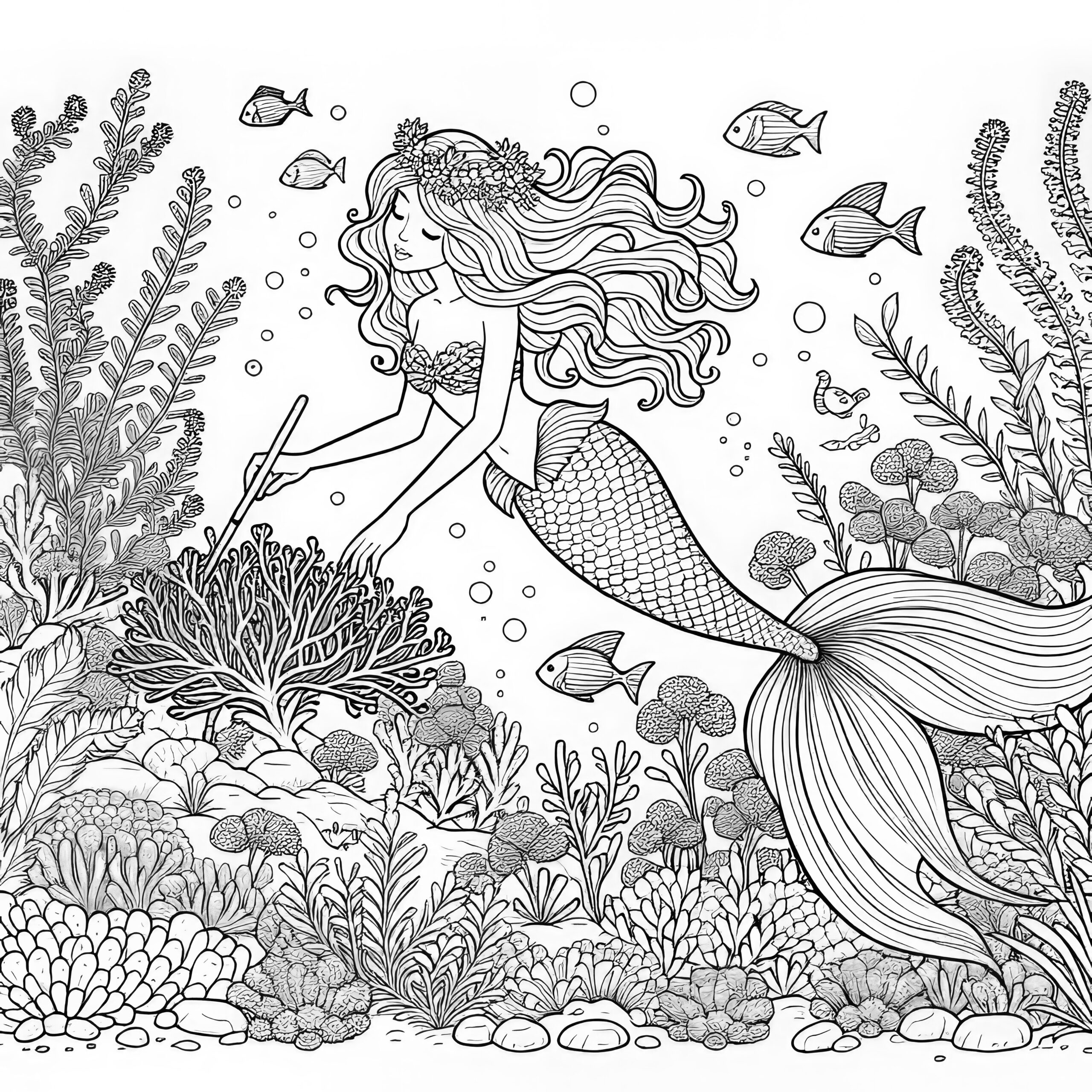 Mermaid With Coral And Fish Coloring Page For Adults Free  Mermaid With Coral And Fish Coloring Page For Adults Free