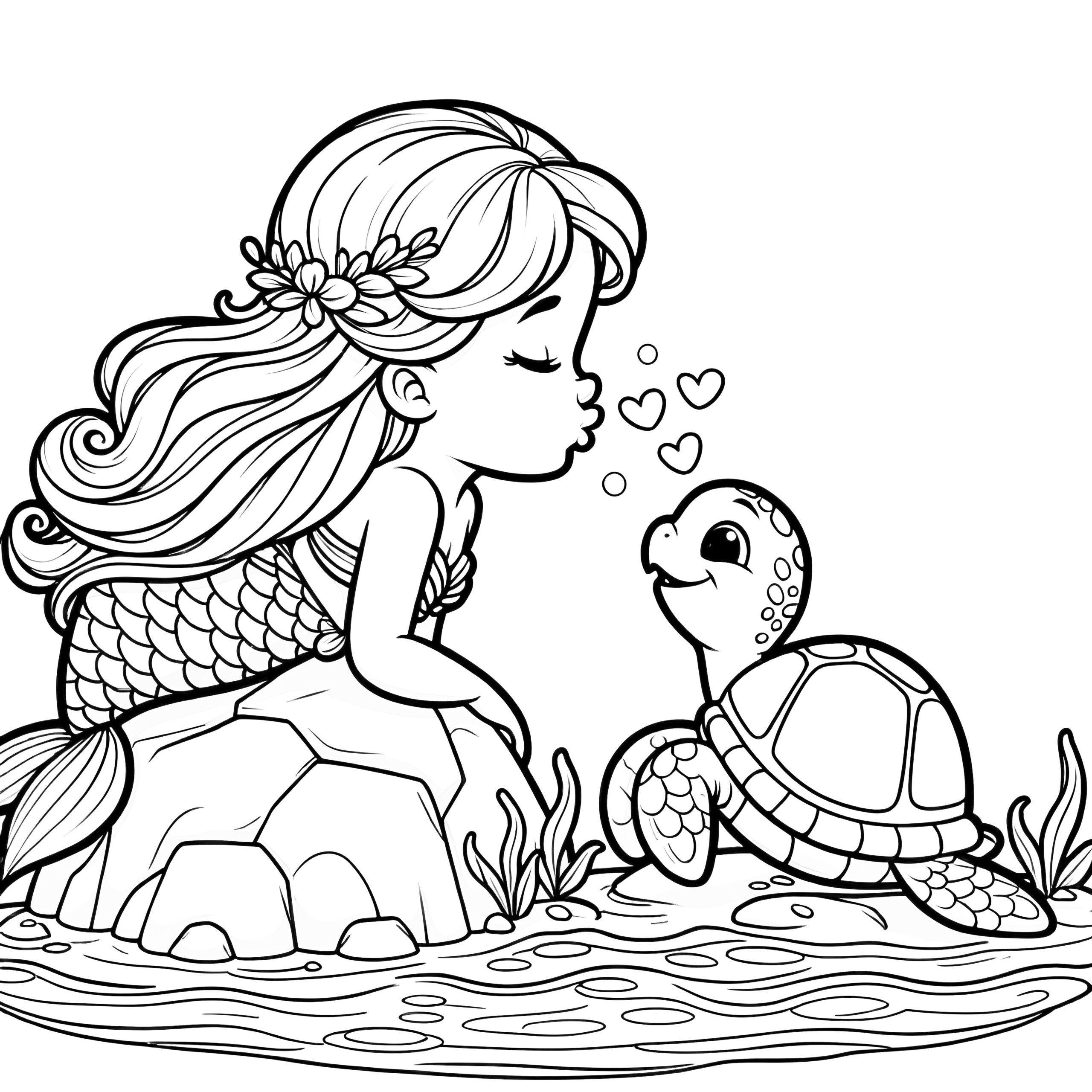 Mermaid With Cute Turtle Free Coloring Page Mermaid With Cute Turtle Free Coloring Page