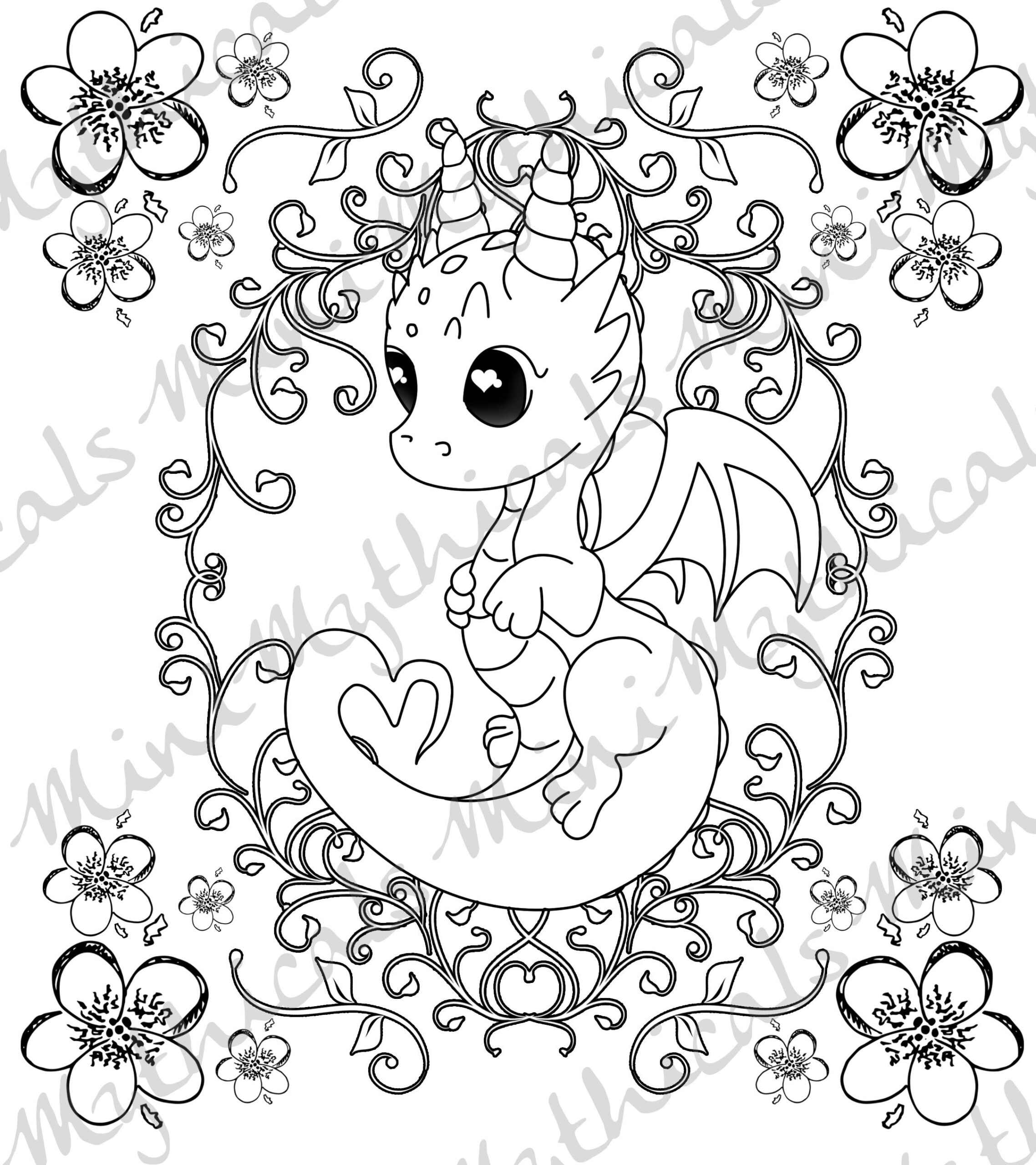 Minimythicals Adult Kids Coloring Page Pack Of 5 Cute Mythical Creature Coloring Dragon Griffin Kawaii Etsy