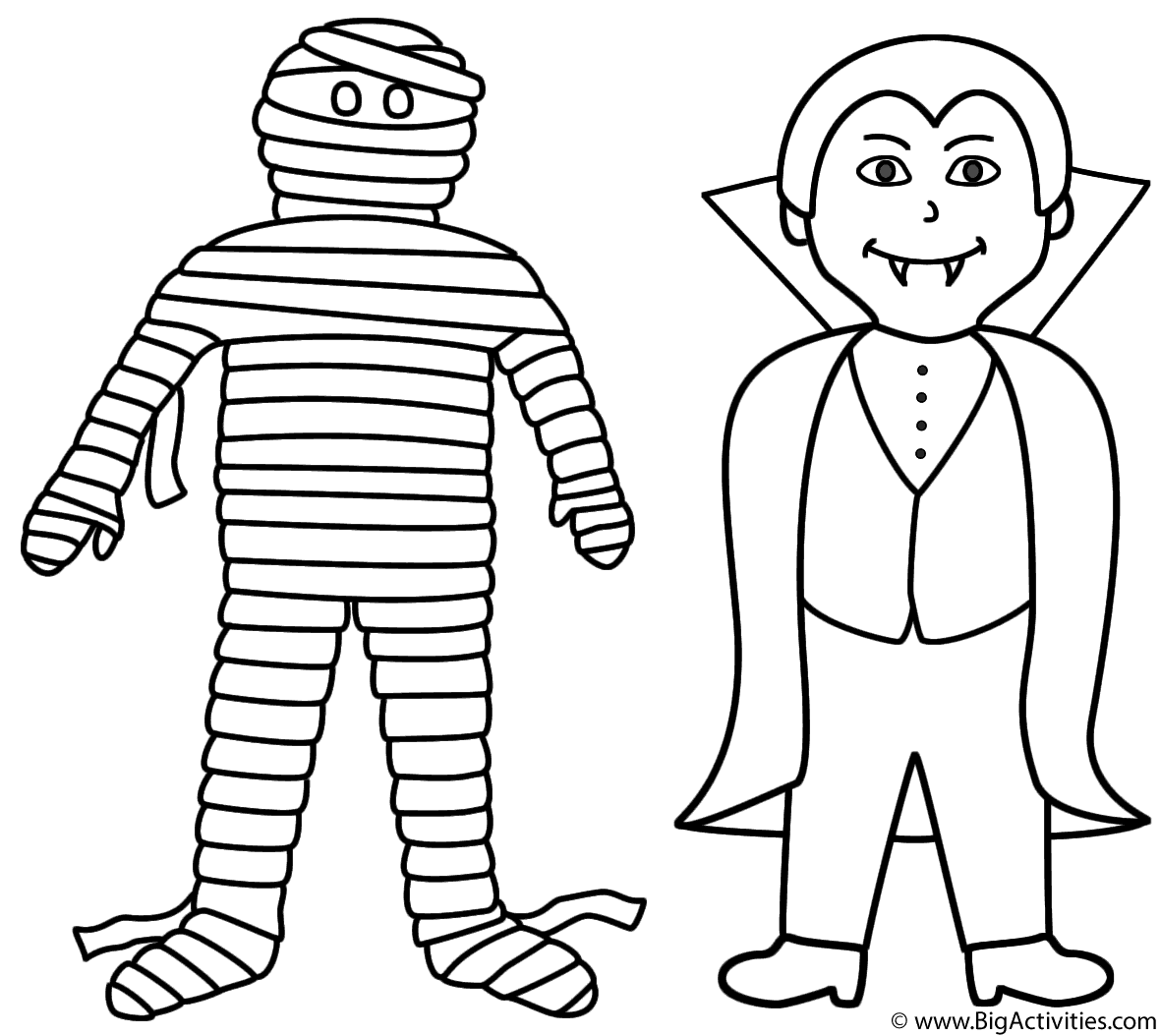Mummy With Vampire Coloring Page Halloween 