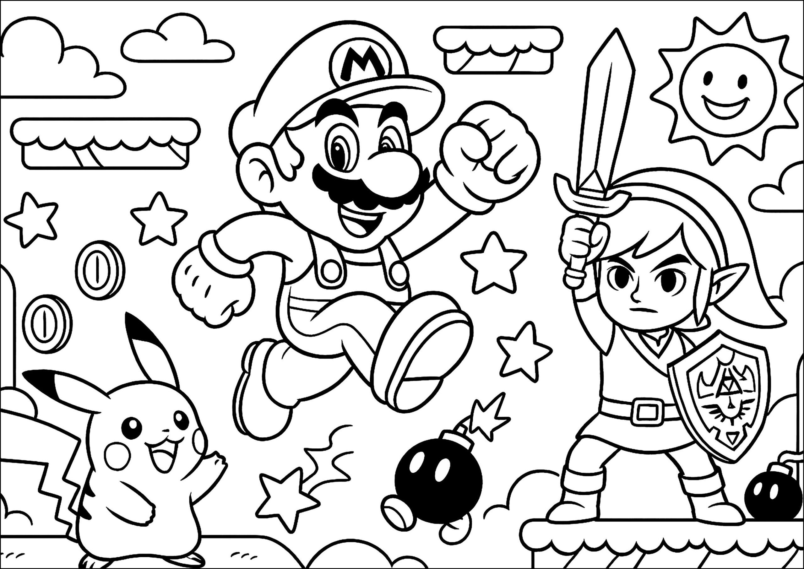Pikachu With Mario And Link Super Smash Bros Coloring Pages Pikachu With Mario And Link Super Smash Bros Coloring Pages