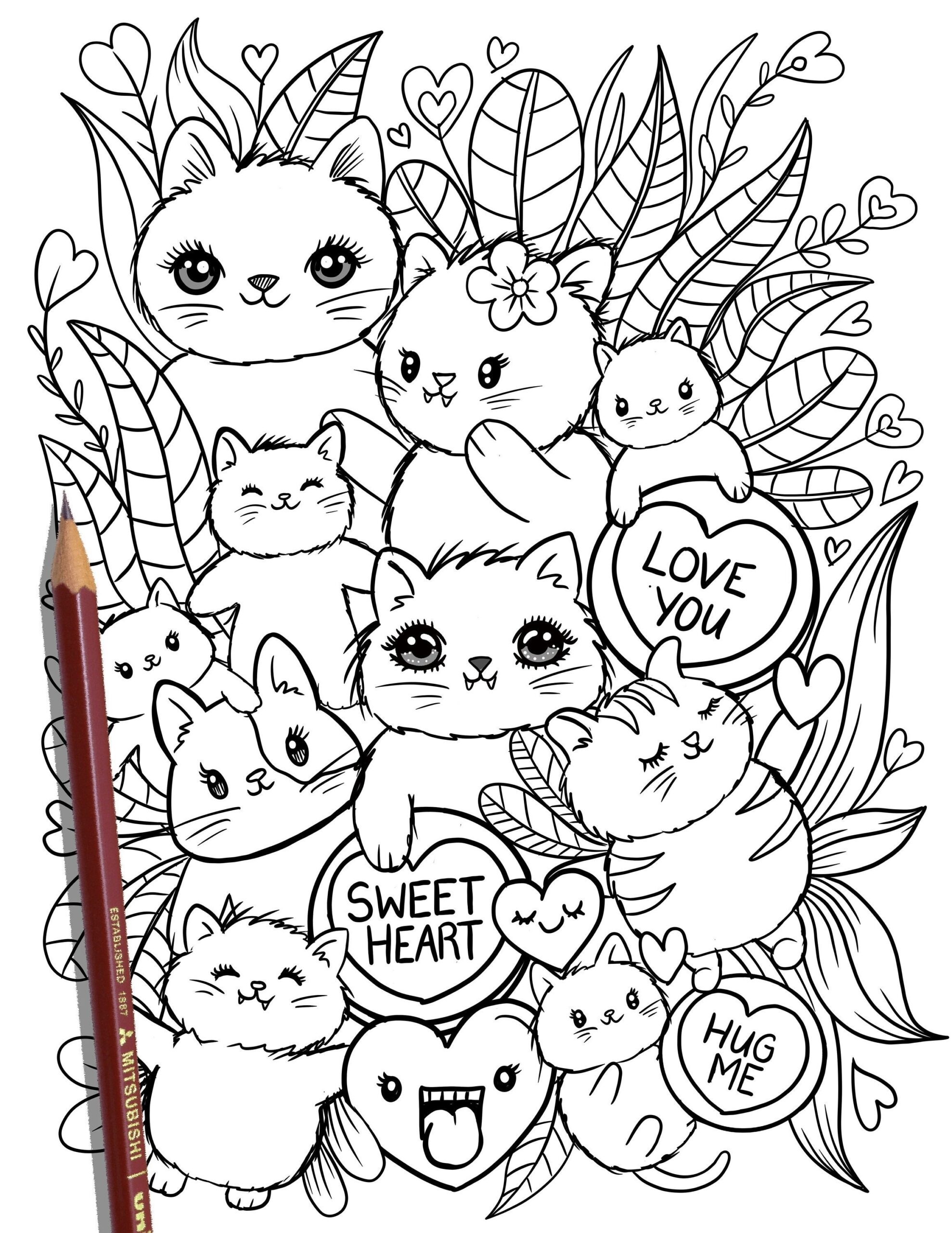 PRINTABLE Cute Kitty Cats Coloring Page Hand drawn Coloring Sheet Cat Doodles Coloring Page Kids Coloring Page Adult Coloring Etsy