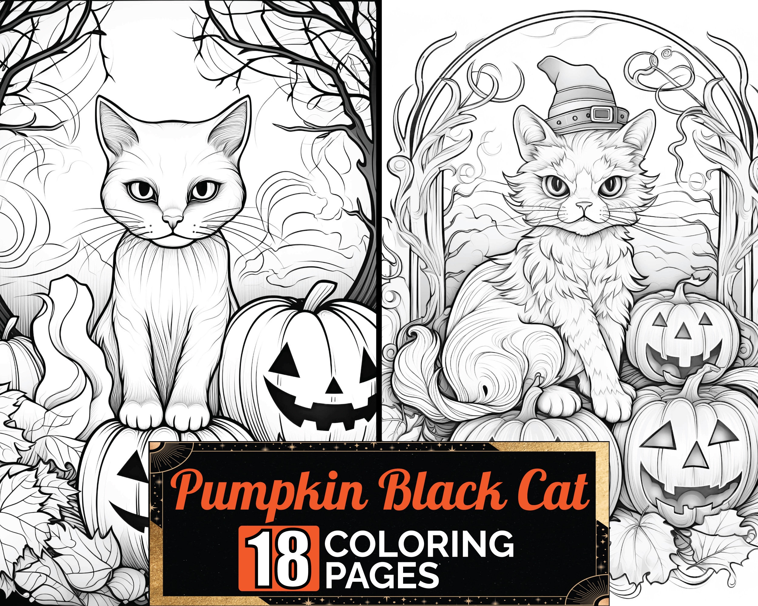 Pumpkin Sitting Black Cat Coloring Book 18 Greyscale Adult Kids Detailed Halloween Theme Page A4 Sheet Printable Digital PDF Download Etsy New Zealand