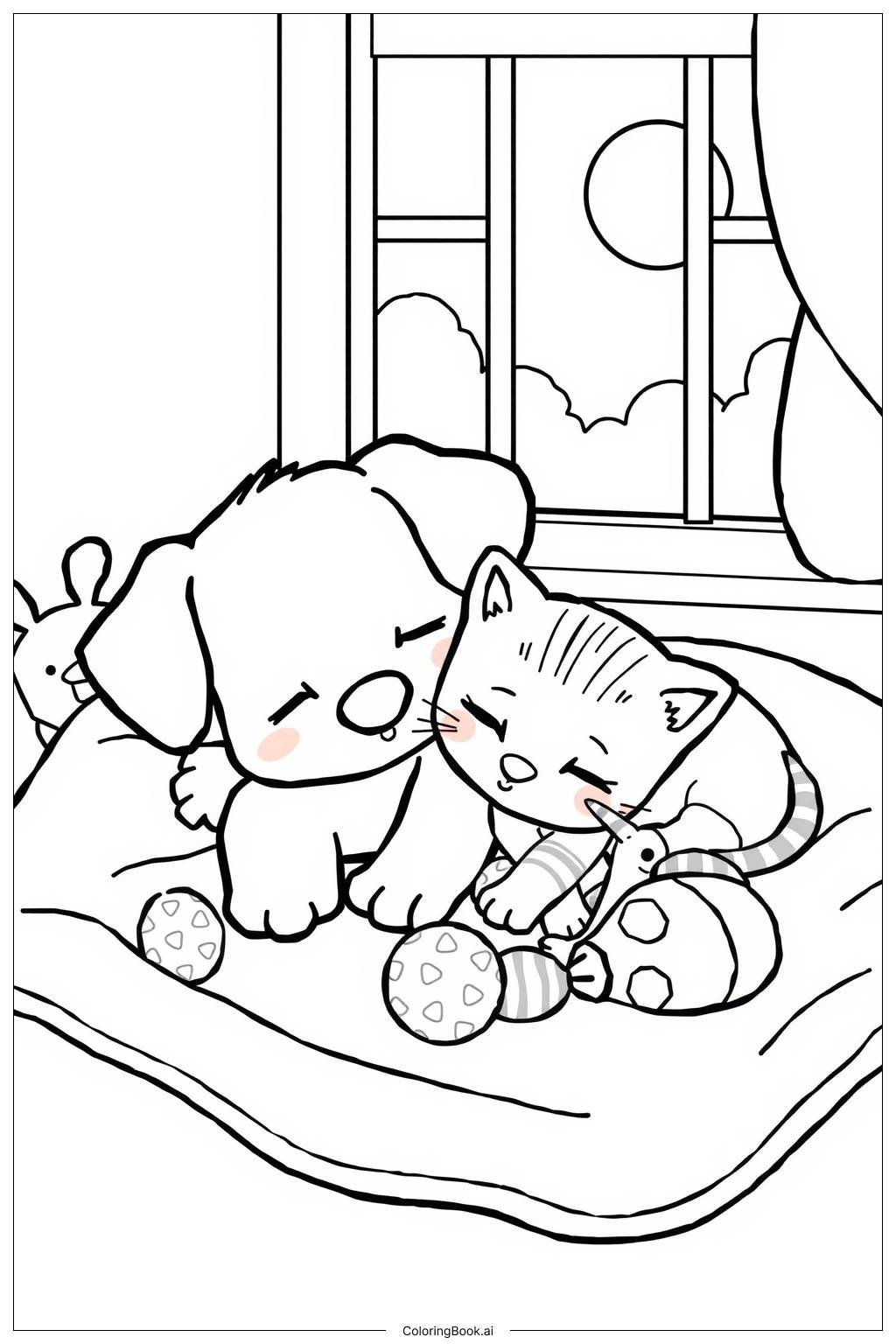 Puppy And Kitten Snuggling Together Coloring Page Free PDF PNG Printable  Puppy And Kitten Snuggling Together Coloring Page Free PDF PNG Printable